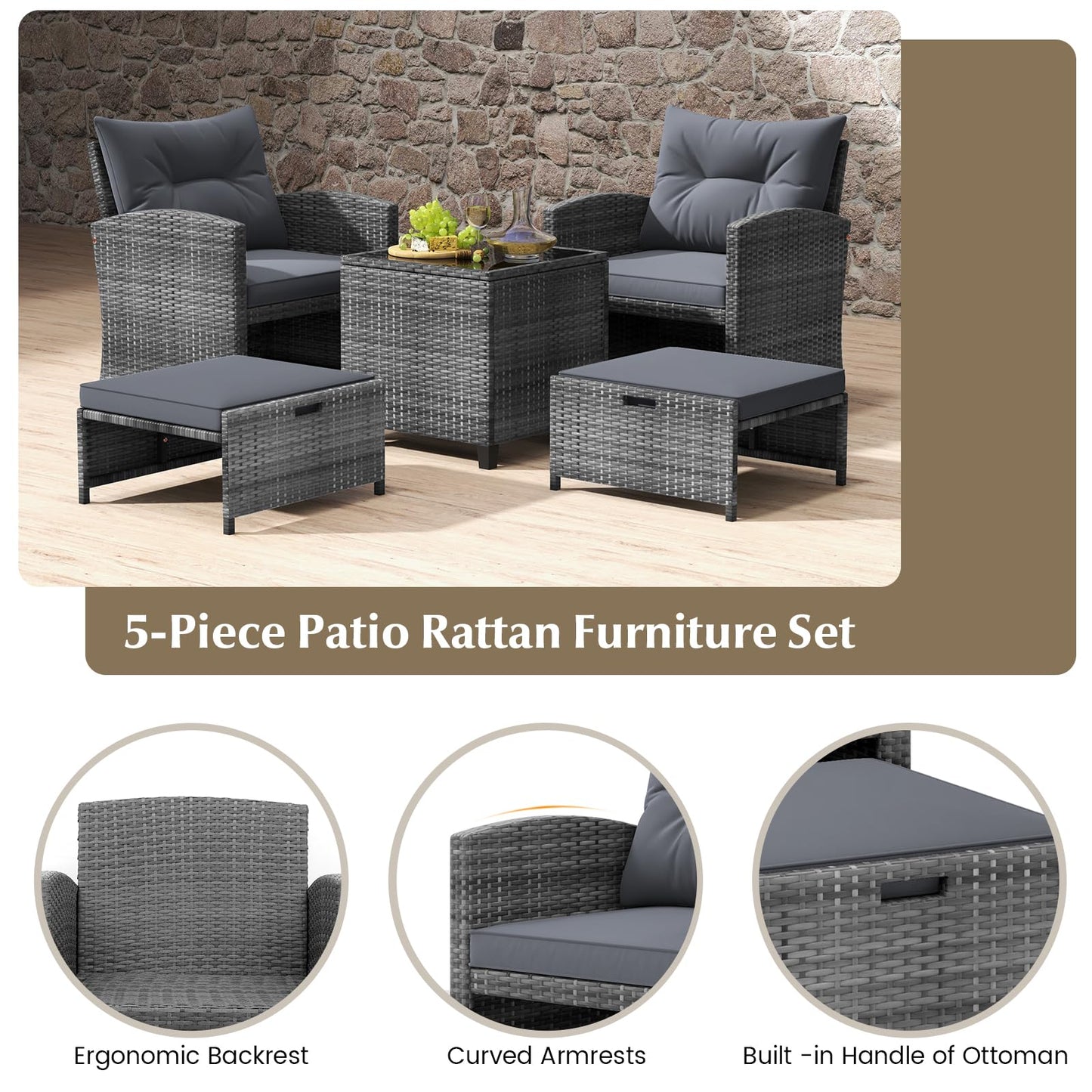 Tangkula 5 Pieces Patio Conversation Set, PE Wicker Rattan Outdoor Furniture Set with 2 Chairs, 2 Ottomans & Tempered Glass Coffee Table, Ideal for Poolside, Backyard, Lawn, Deck, Grey