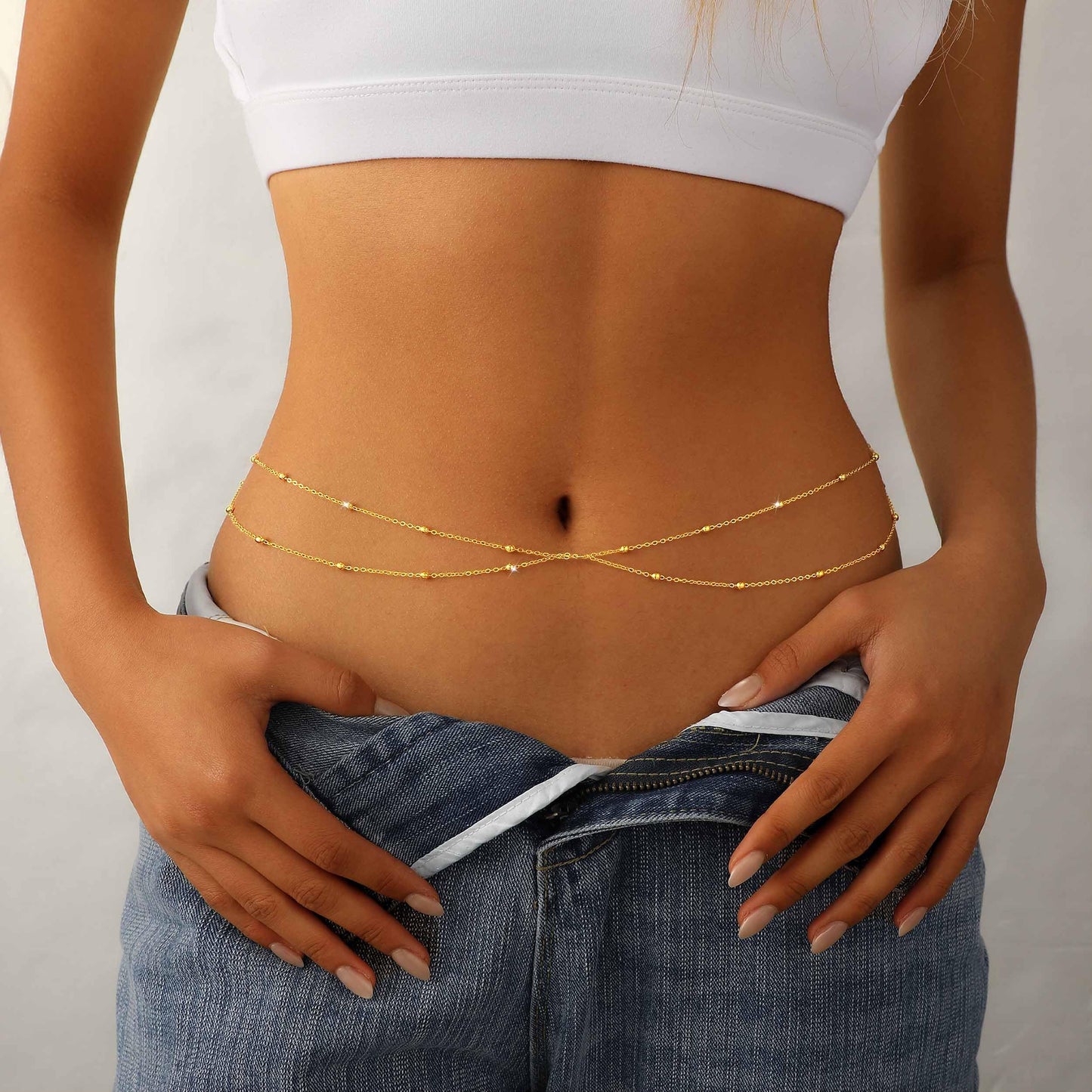 JIKASI 14K Gold Plated Waist Chain for Women Dainty Layered Belly Chain Beaded Body Chain Belt Set Waterproof Summer Beach Bikini Jewelry Accessories Adjustable Waist Beads Gift
