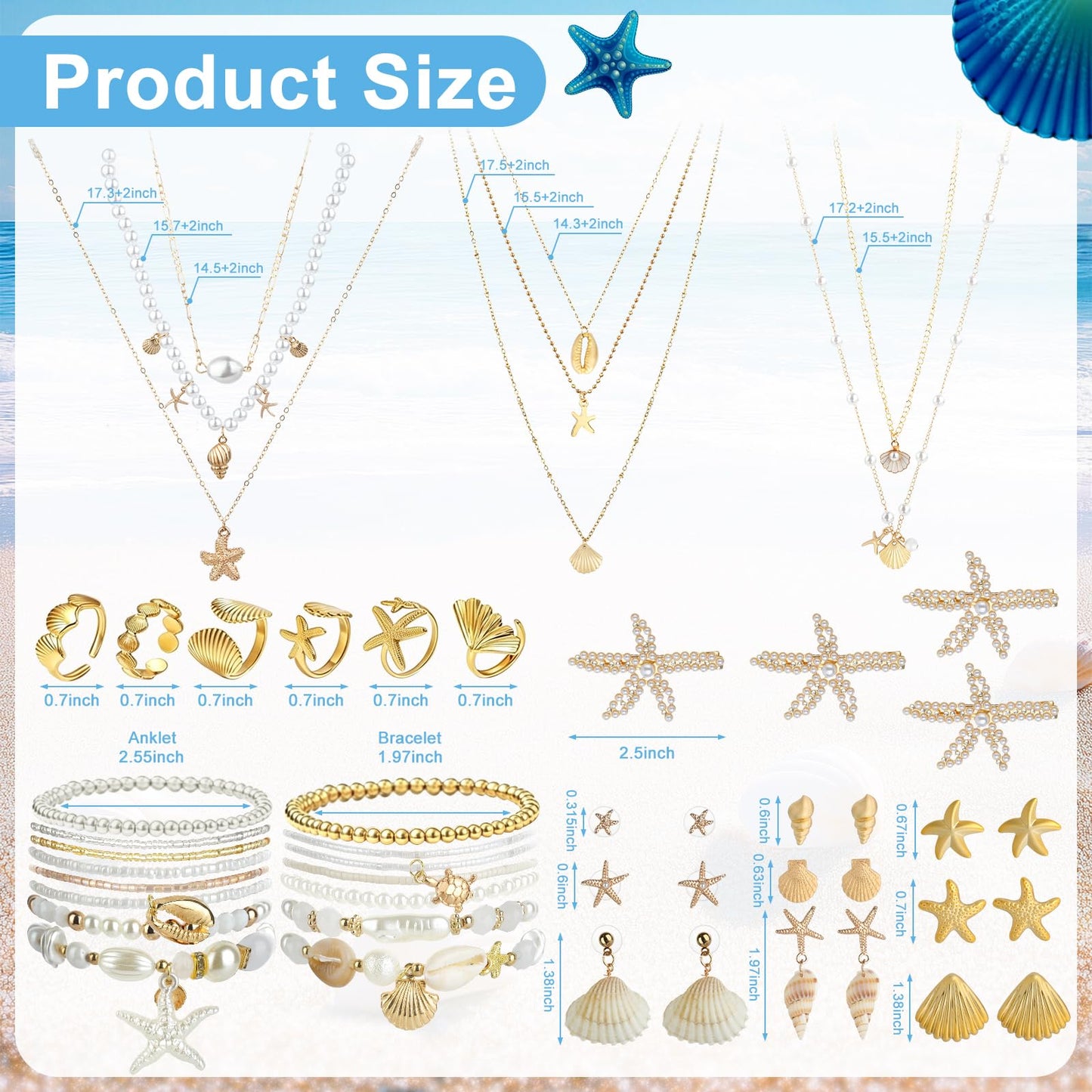 42 Pcs Starfish Seashell Jewelry Set Beach Jewelry for Women Summer Mermaid Accessories Layer Necklace Bracelets Stackable Rings Anklet Stud Earrings Pearl for Holiday Vacation Wedding Party Gifts