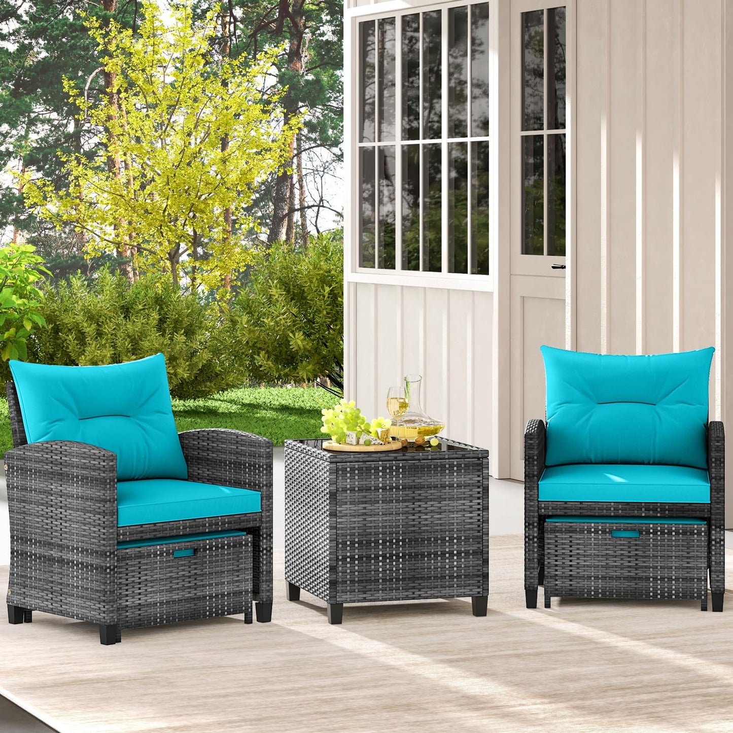 Tangkula 5 Pieces Patio Conversation Set, PE Wicker Rattan Outdoor Furniture Set with 2 Chairs, 2 Ottomans & Tempered Glass Coffee Table, Ideal for Poolside, Backyard, Lawn, Deck, Mix Grey & Turquoise