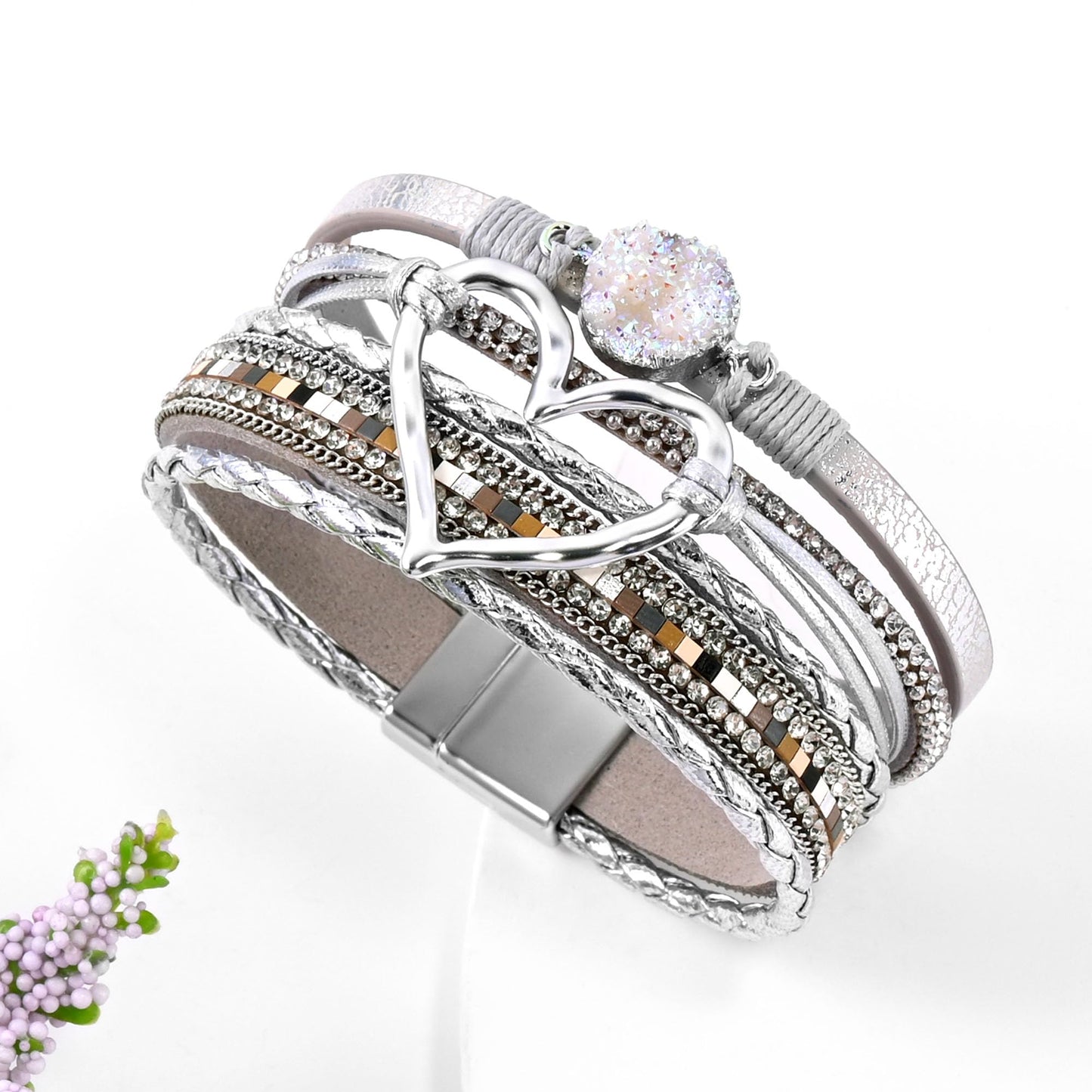 VIBILIA Boho Leather Wrap Bracelets for Women Heart Multi-Layer Bracelets with Strong Clasp Jewelry for Women-Silver