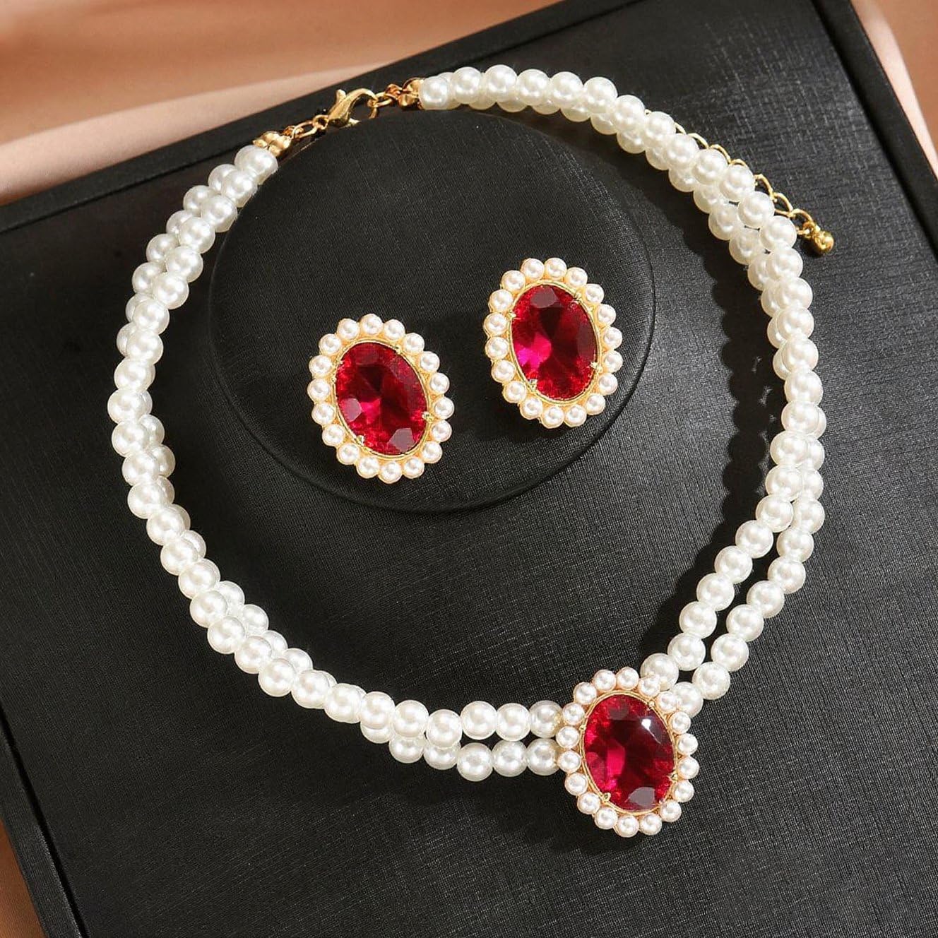 CSIYANJRY99 Pearl Necklace and Earring Set Faux Pearl Jewelry Sets for Women Imitation Beaded Pearl Necklace Bracelet Stud Earrings for Women（RD）