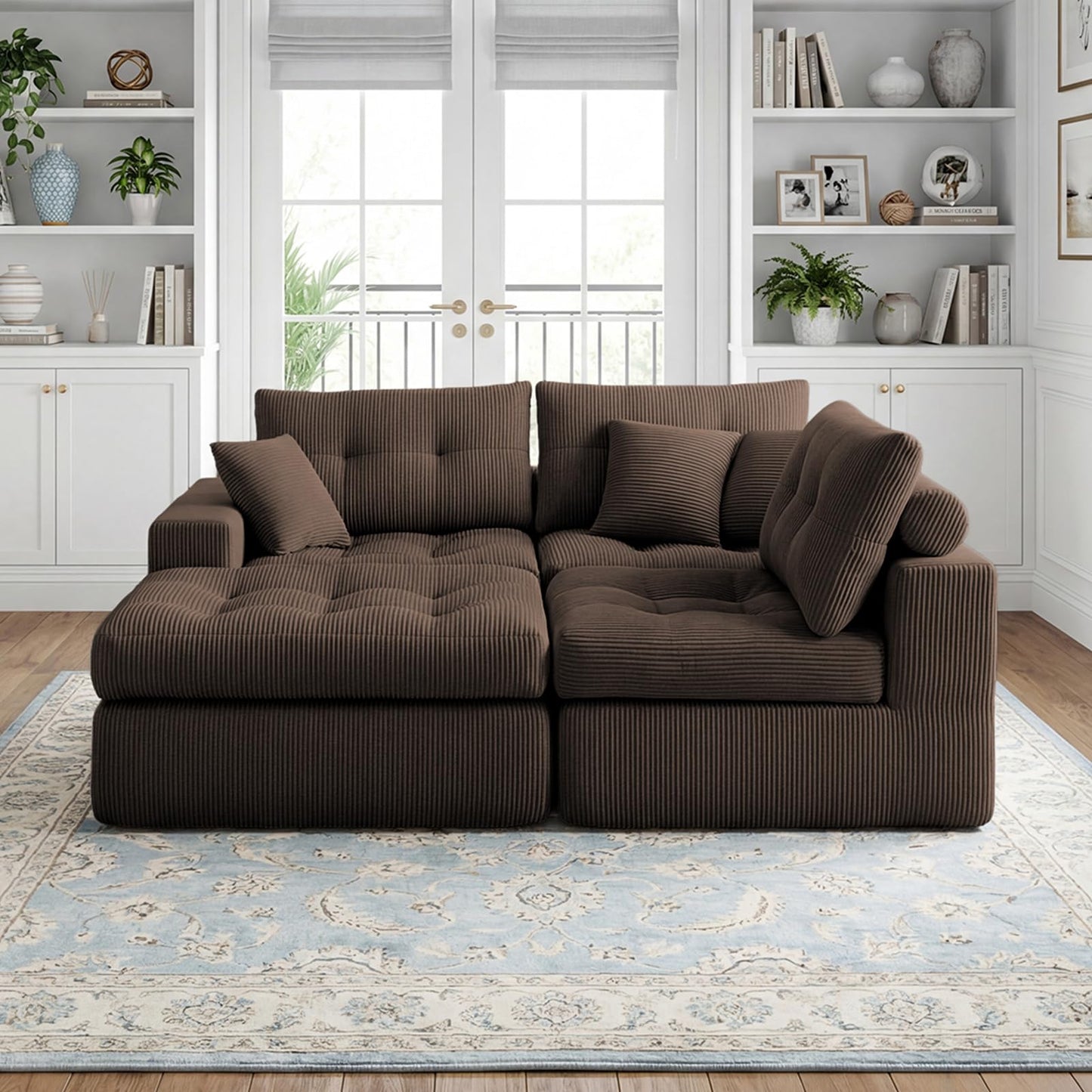 113-Inch L-Shaped Modular Corner Cloud Sofa Corduroy Tufted Foam Sectional with Deep Seat, 4 Pieces Compressed Boneless Sofa Couch with Movable Ottoman & 4 Toss Pillows
