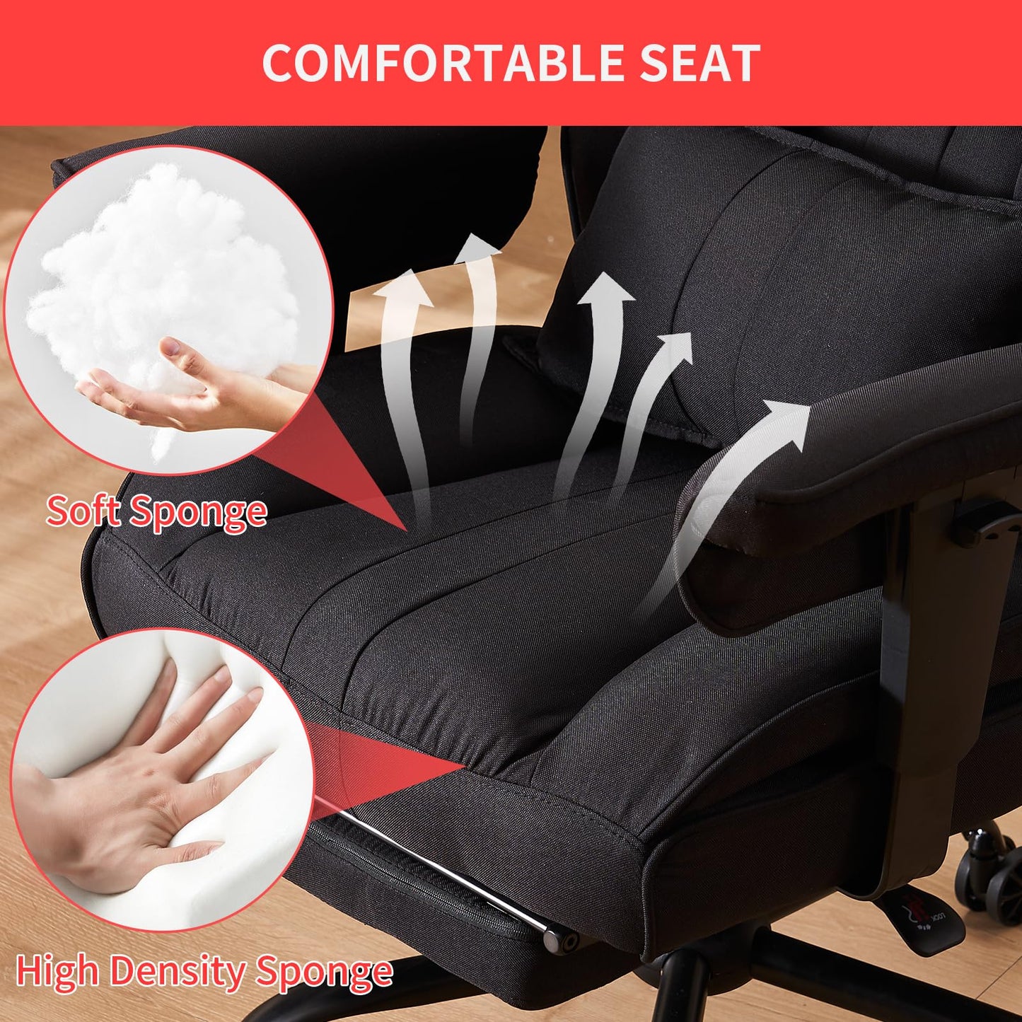 Efomao Big and Tall Office Chair 400 lb Weight Capacity, High Back Executive Office Chair with Foot Rest, Fabric Computer Chair for Back Pain Relief, Black