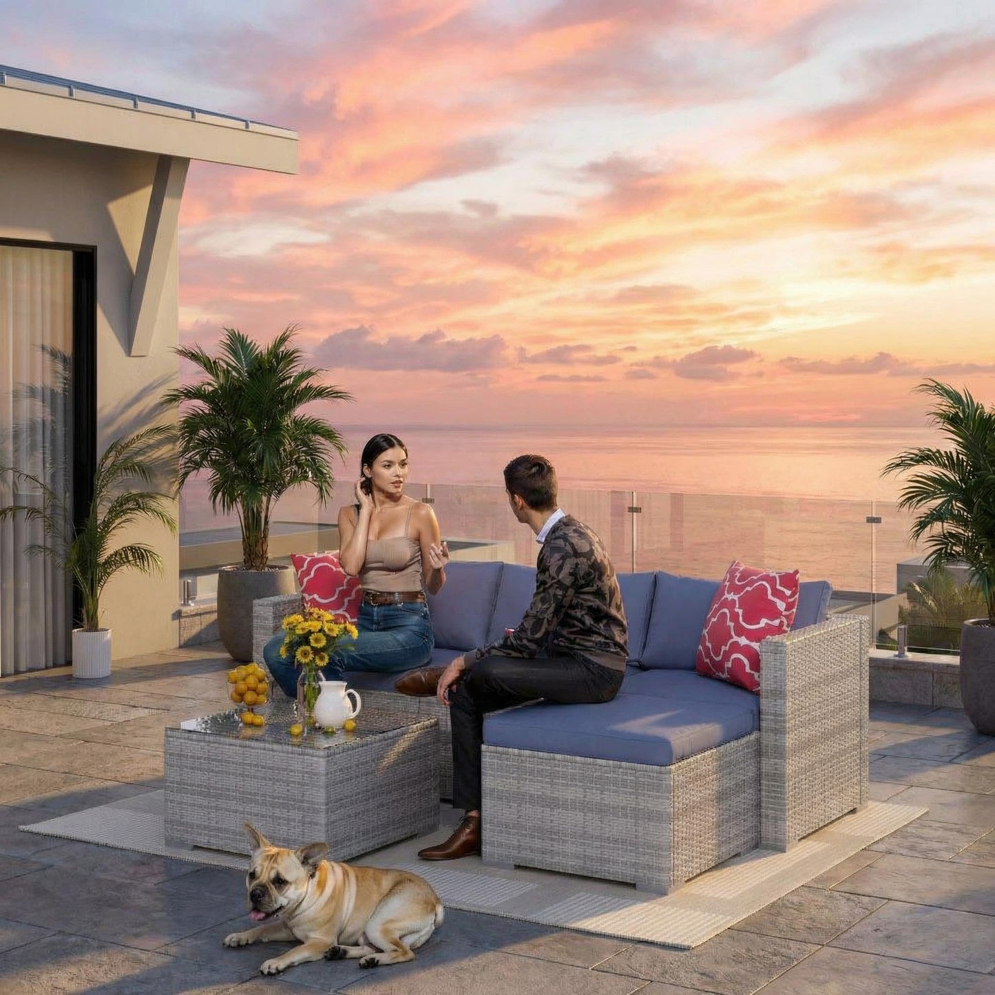 5-Piece Patio Sectional Sofa Set, All-Weather Brown PE Rattan Outdoor Conversation Furniture with Neutral-Tone Cushions, Glass Coffee Table & Footstool, Modular Design for Garden, Porch, Balcony, Pool