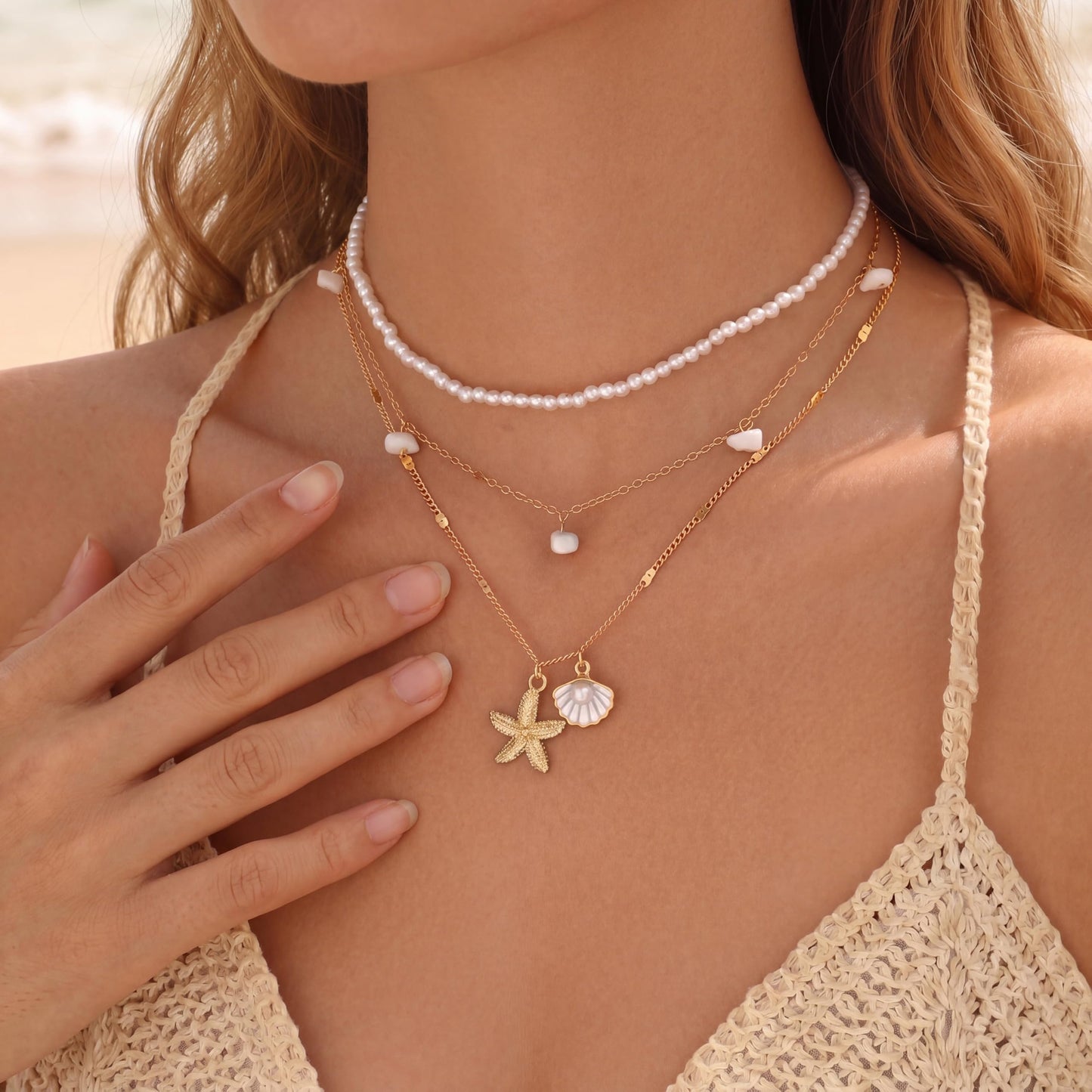 Shell Starfish Necklace for Women, Gold Plated Layered Pendant Necklace with Pearl Conch Charms, Boho Coastal Summer Beach Vacation Jewelry Gifts(Stone)