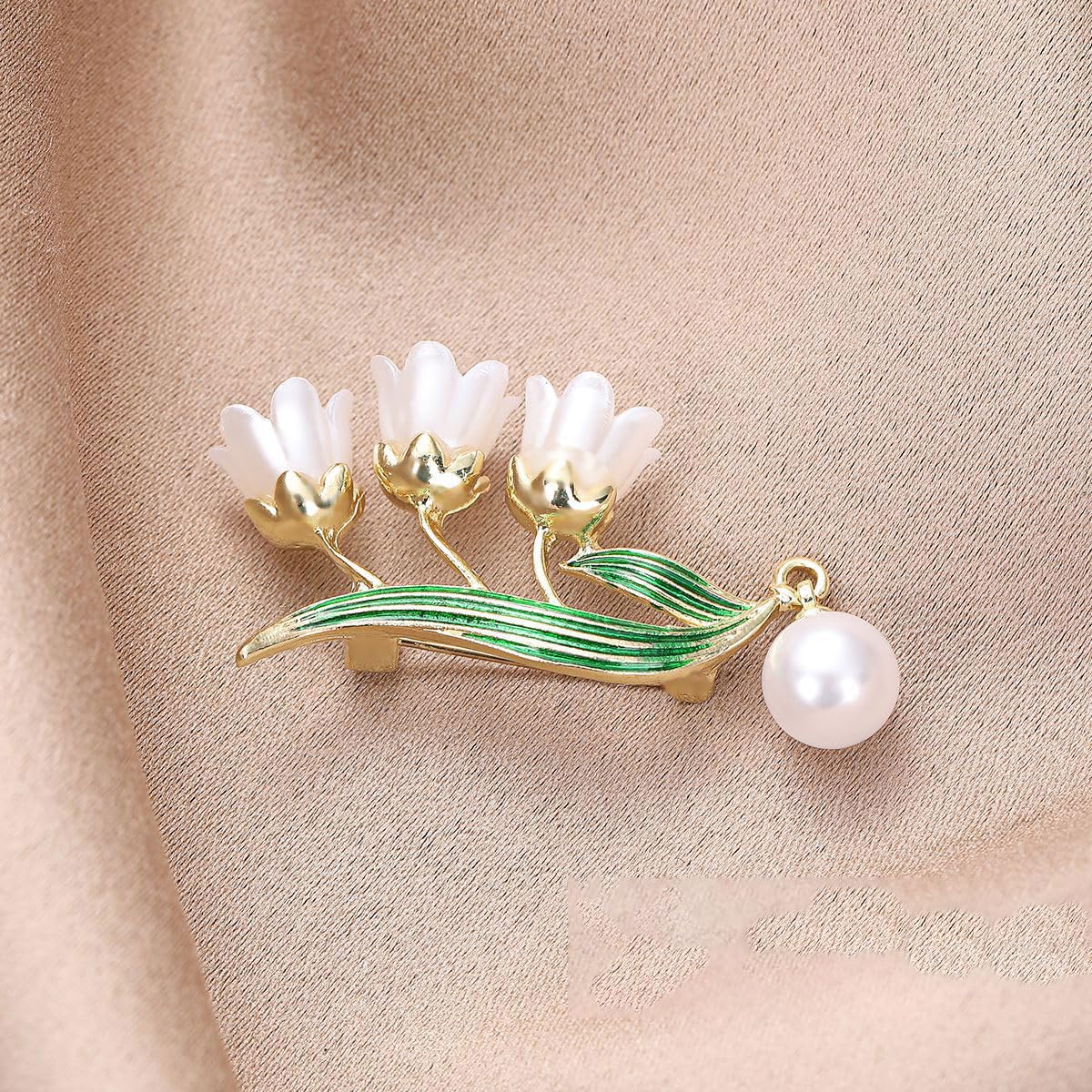 Pearl Lily of the Valley Brooch for Women Enameled Lily of the Valley Pin May Flower Jewelry for Mother's Day Birthday for Mother Wife Girlfriend