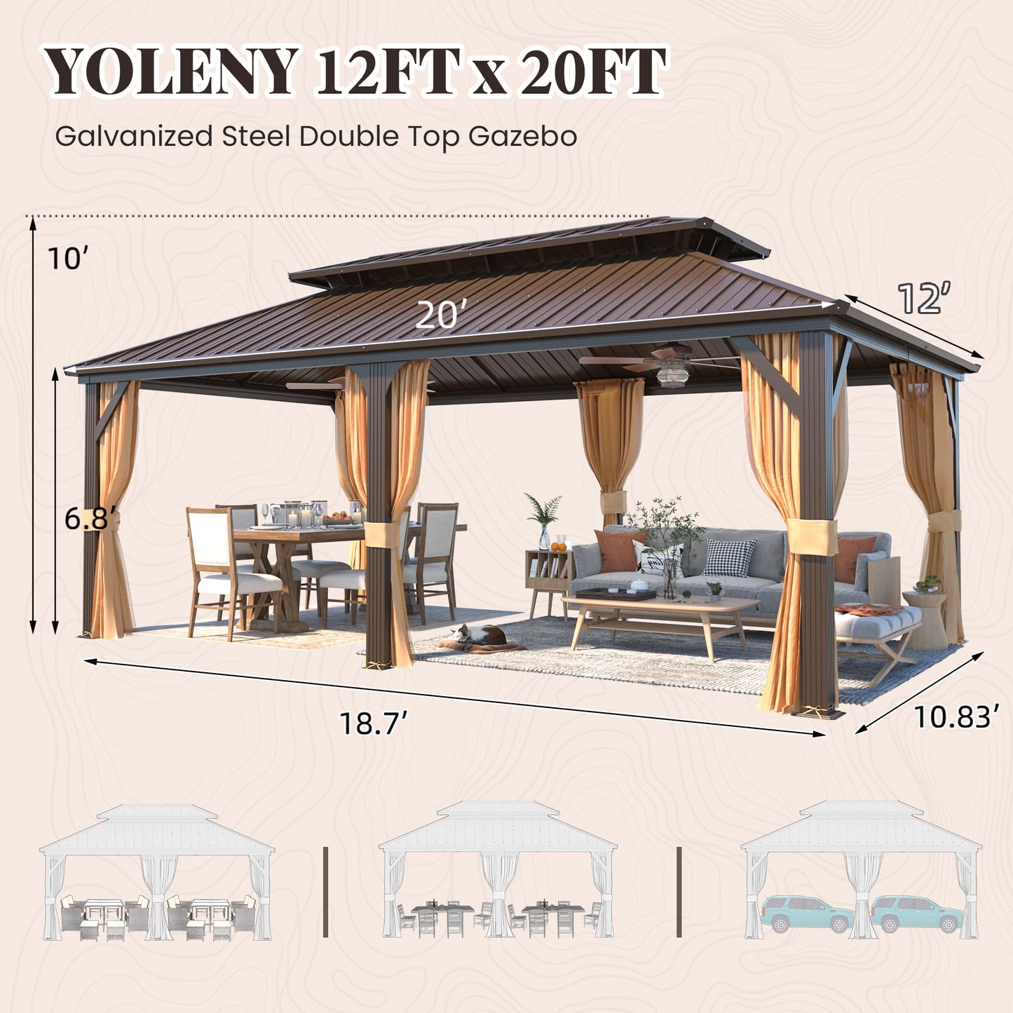 YOLENY 12' X 20' Hardtop Gazebo, Galvanized Steel Ventilation Double Roof Aluminum Frame, Curtains and Netting Included, Outdoor Gazebo for Garden, Patio, Lawns, Parties