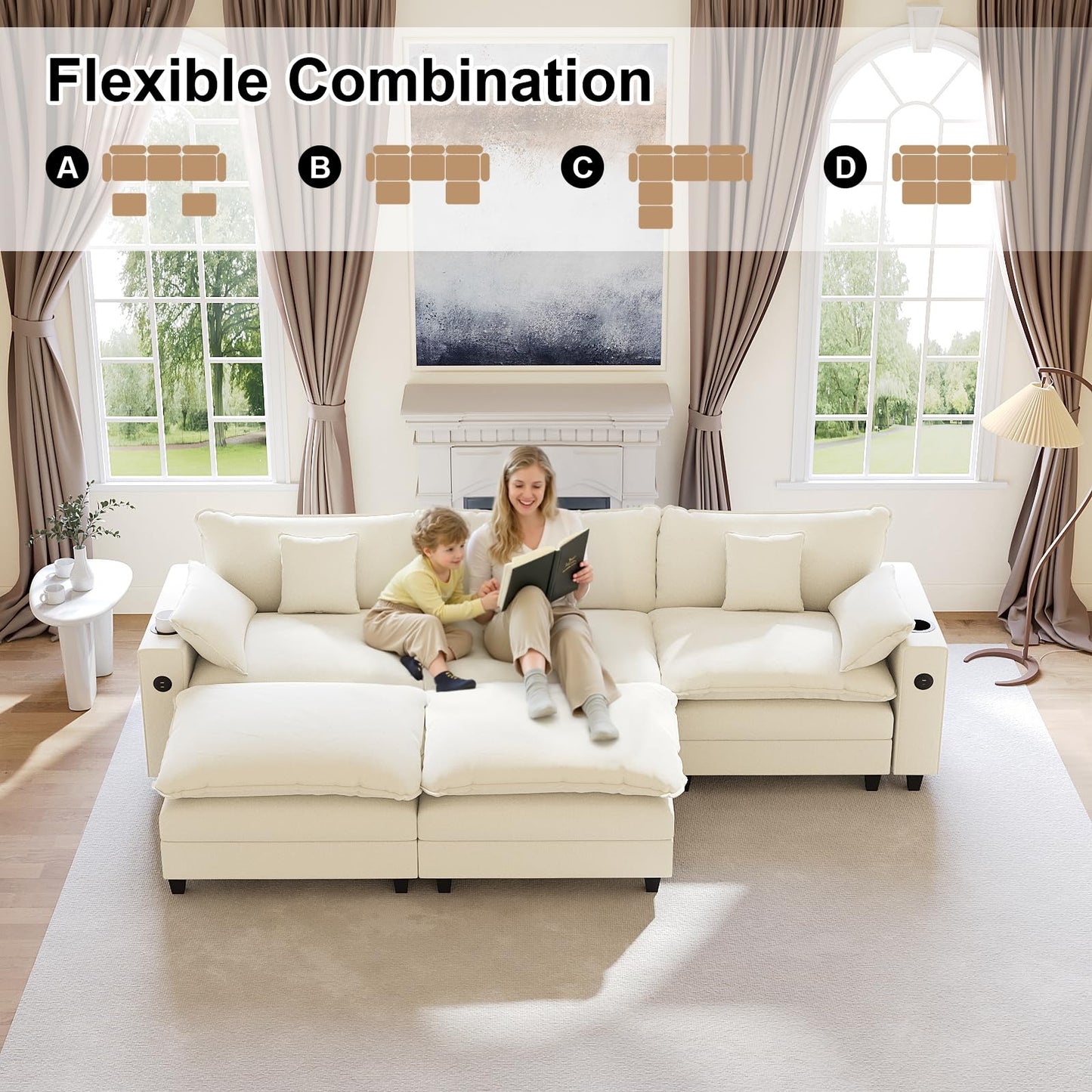 KCGKCG 116" Modular Sectional Sofa, U Shaped Cloud Couch with Movable Ottoman, Chenille Deep Seat Cloud Sofa with Charging Station, Cup Holder, Side Pocket, Sectional Couches for Living Room, Beige