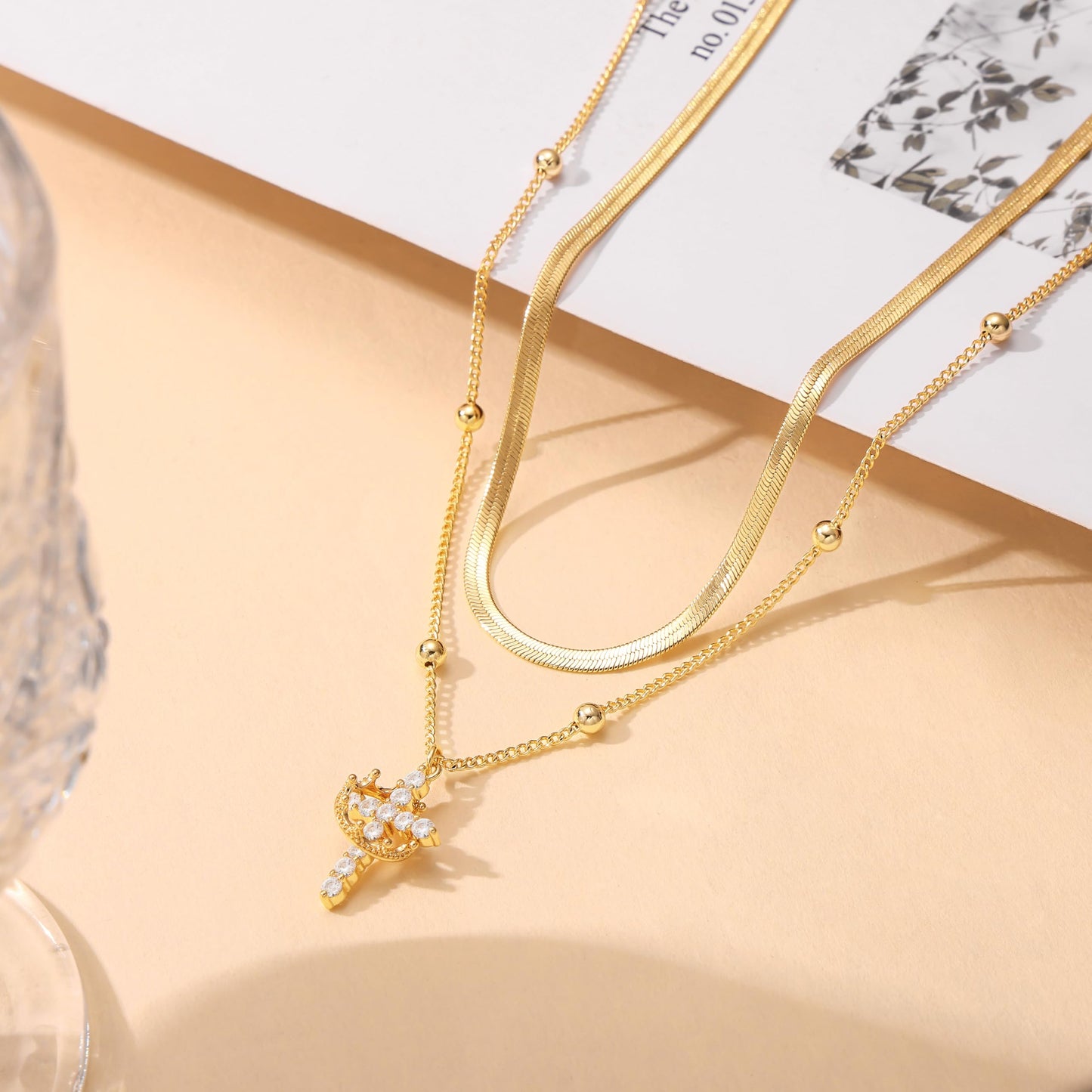 Robaice Cross Necklace for Women 14K Gold Plated Crown Cross Pendant Necklace Simple Gold Necklaces Faith Cross Jewelry First Communion Necklace, Herringbone Chain Set
