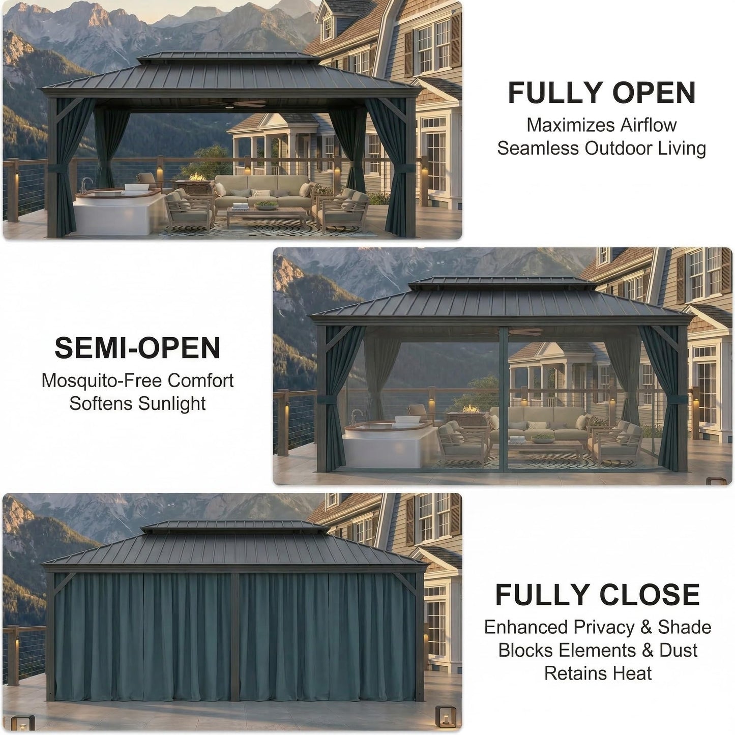 HOTEEL 10x15 Hardtop Gazebo On Clearance with Galvanized Steel Double Roof,Heavy Duty Gazebo with Flame-Retardant Curtain & Netting, Permanent Pavilion Outdoor for Patio, Frame Thickened, Black
