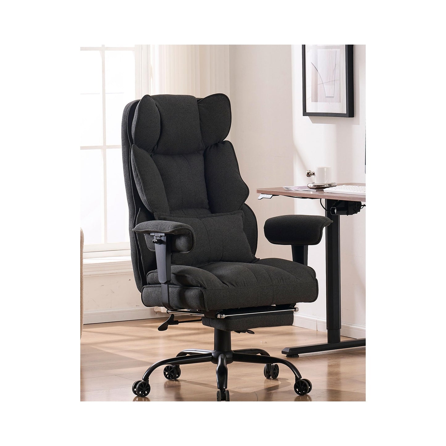 Efomao Fabric Office Chair, Big and Tall Office Chair 400 lb Weight Capacity, High Back Executive Office Chair with Foot Rest, Ergonomic Office Chair for Back Pain Relief, Dark Grey