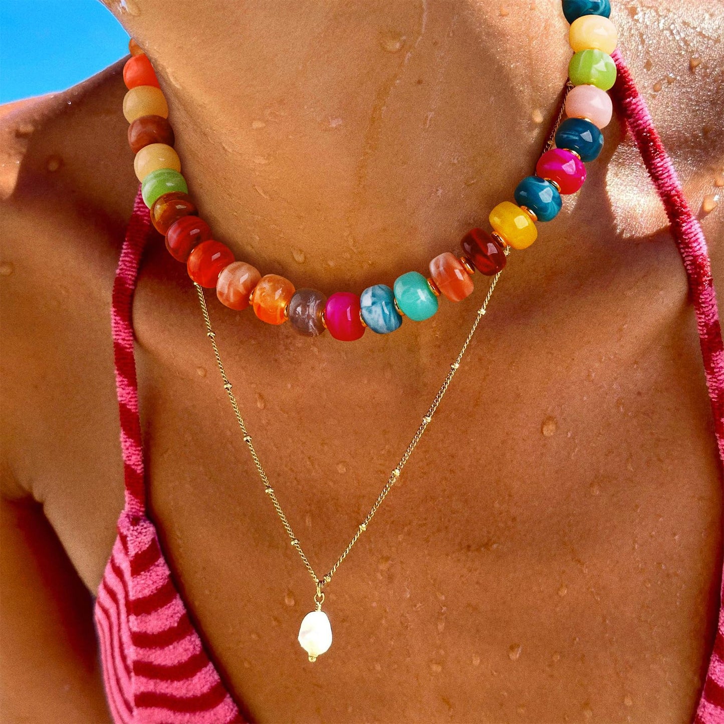 HolidayQbee Colorful Beaded Necklace for Women Boho Bead Chunky Necklace Bead Necklace Fashion Trendy Summer Beaded Necklaces Jewelry Gifts