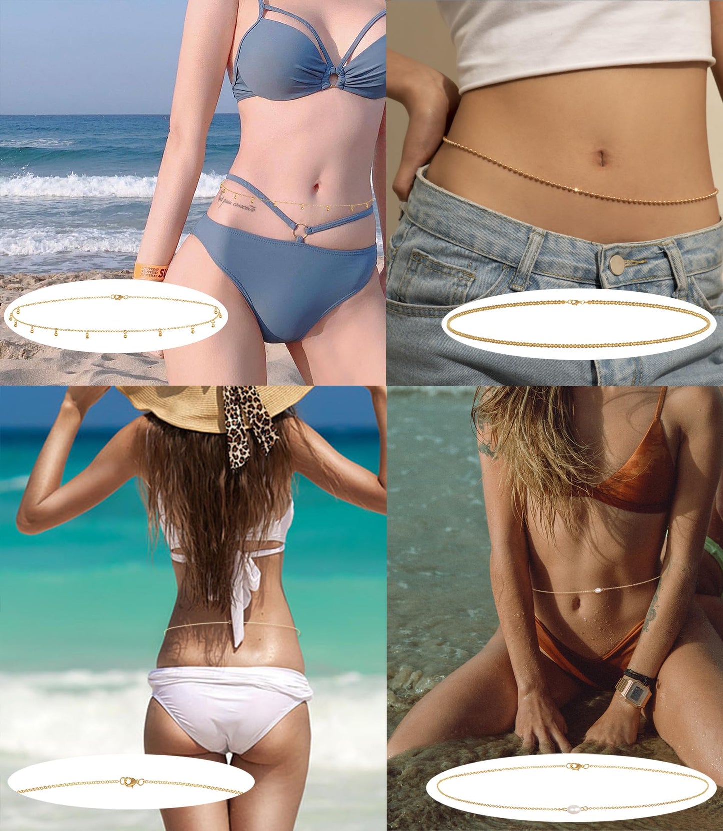 Tornito 8Pcs Waist Belly Chain 18K Gold Plated CZ Pearl Bead Belly Chain Summer Beach Sexy Body Chains Jewelry Accessories for Women Adjustable