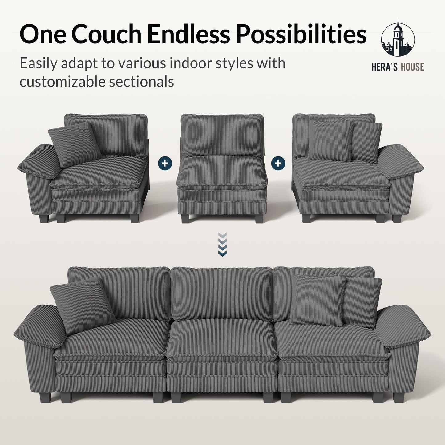 HERA'S HOUSE 158" Modular Sectional Sofa, Oversized U Shaped Couches for Living Room, Comfy Cloud Couch with Ottoman, 6-Seater Deep Seat Sofa with Throw Pillow, Corduroy Grey
