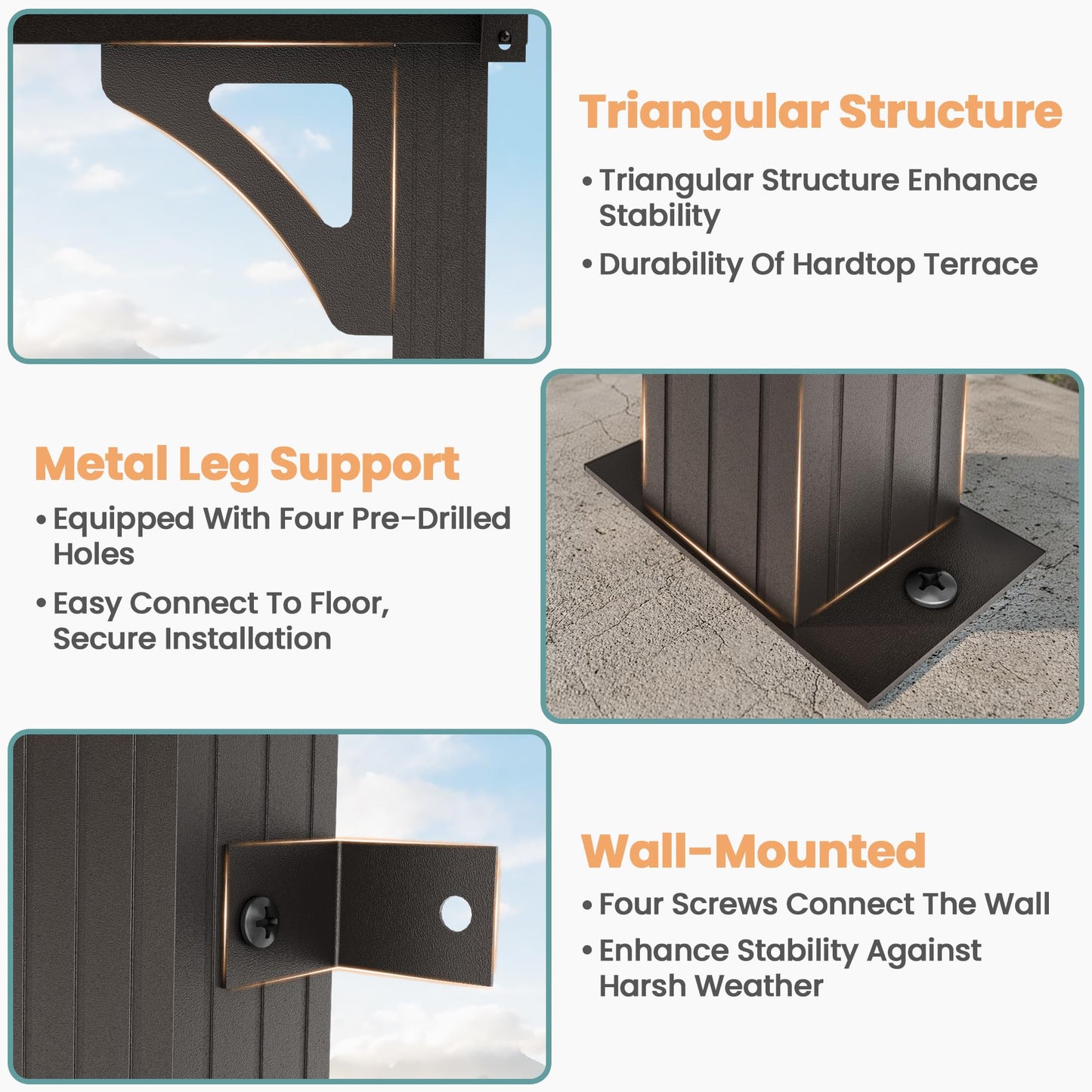 Pamapic 10x14FT Wall Mounted Gazebo, Hardtop Lean to Gazebo with Aluminum Frame & UV Resistant Polycarbonate Roof, Outdoor Patio Awning for Deck, Porch, Lawn & Backyard