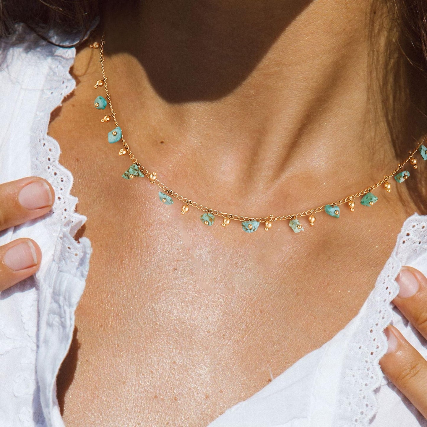 MTMY Beaded Necklaces for Women 14K Gold Plated Dainty Colorful Green/Rose Beaded Pearl Choker Necklace Delicate Boho Choker Necklace Jewelry Gift (beads turquoise)