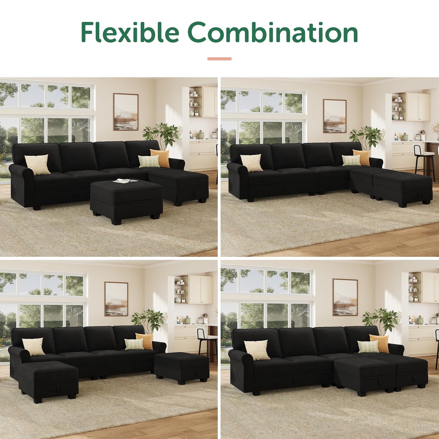 HONBAY Convertible Sectional Sofa with Storage U Shaped Sectional Couch with Reversible Chaise Small Sectional Couches for Living Room,Mid Black