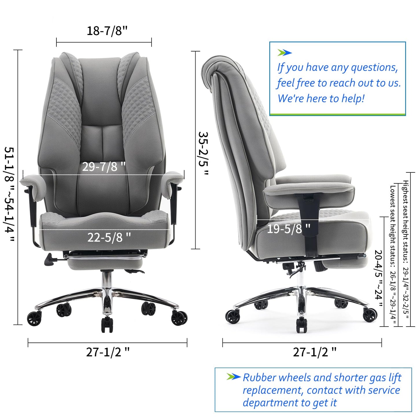 EXCEBET Big and Tall Office Chair 400lbs Wide Seat, Leather High Back Executive Office Chair with Foot Rest, Ergonomic Chairs Lumbar Support for Lower Back Pain Relief (Mesh Light Grey)