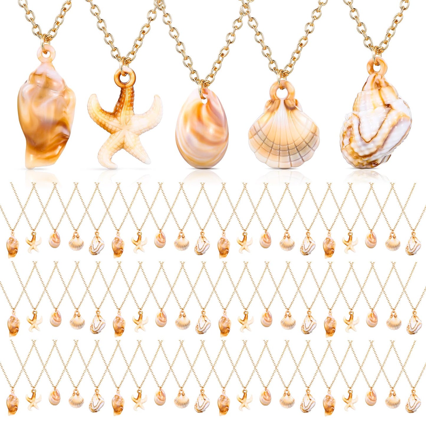 Tondiamo 50 Pack Seashell Necklace Bulk for Women Natural Ocean Themed Jewelry Adjustable Conch Scallop Pendant Necklace for Summer(5 styles)