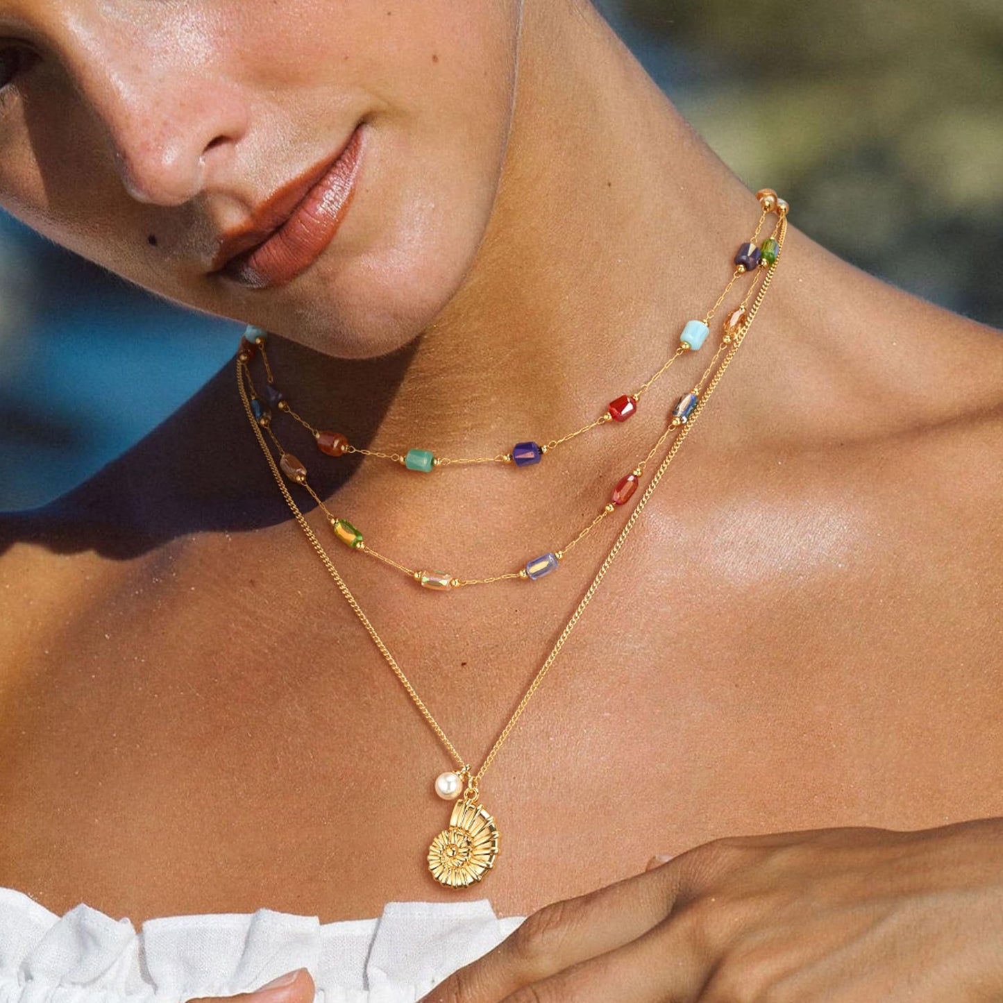 MTMY Beaded Necklaces for Women 14K Gold Plated Dainty Colorful Green/Rose Beaded Pearl Choker Necklace Delicate Boho Choker Necklace Jewelry Gift (mixed color cube)