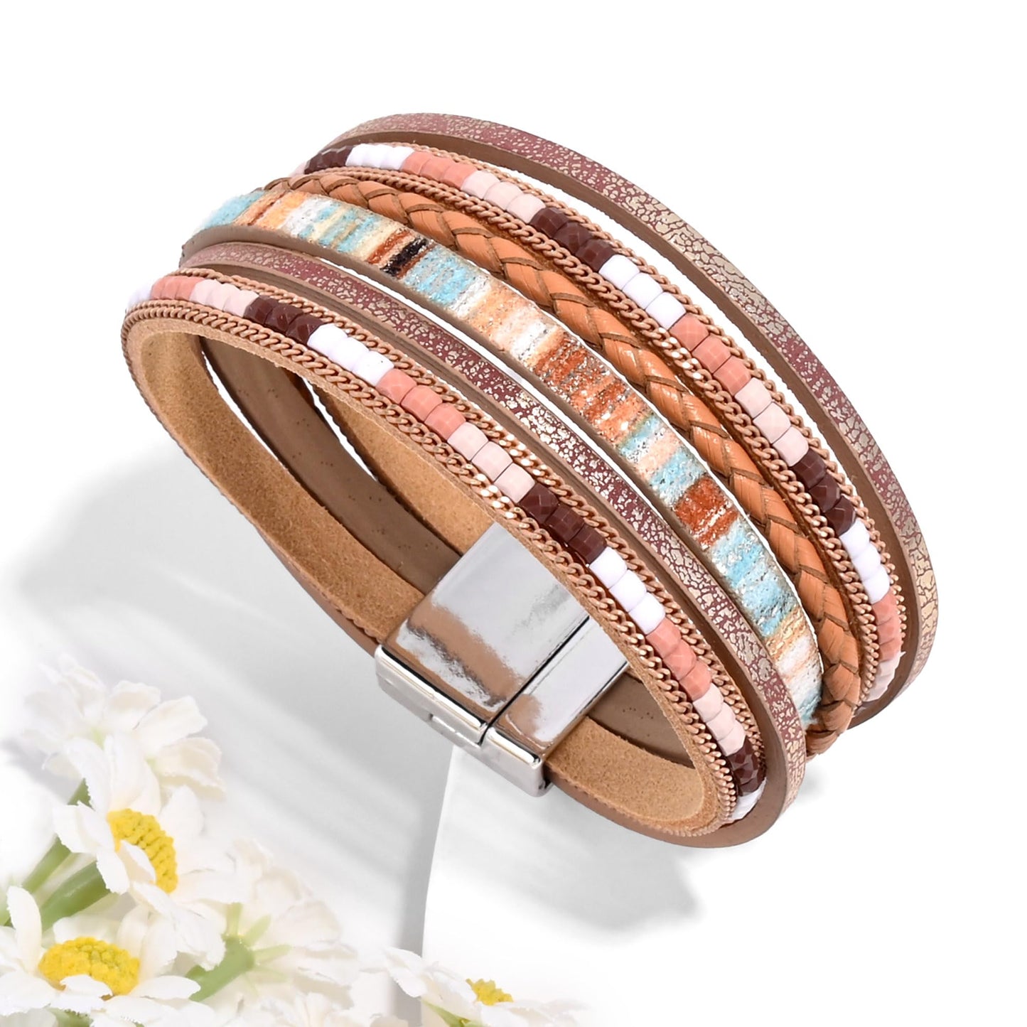 VIBILIA Boho Leather Wrap Bracelets for Women Trendy Layered Multi-Layer Bracelets with Strong Clasp Jewelry for Women-Khaki