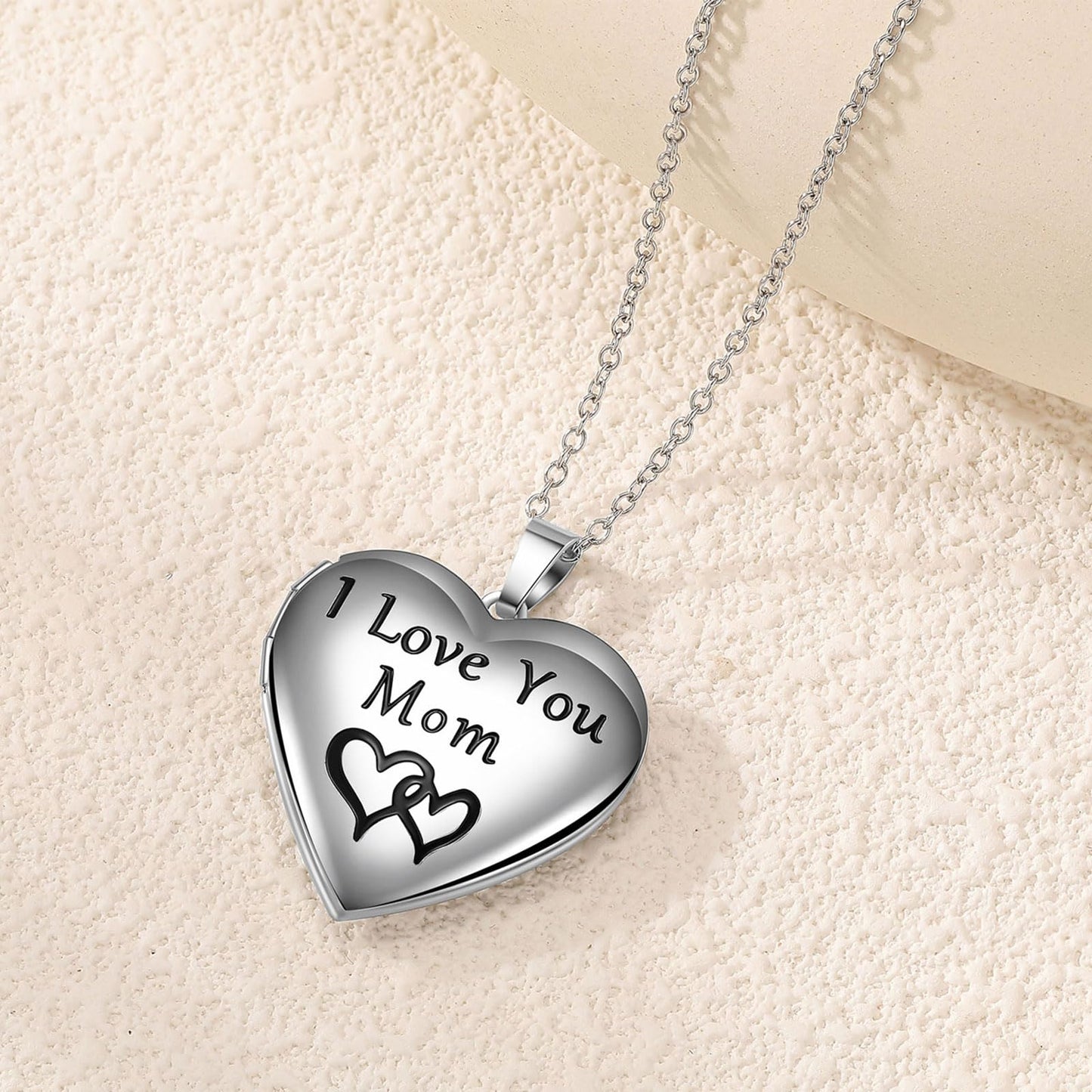 PHOCKSIN I Love you Mom Custom Personalized Silver Heart Locket Necklaces For Women Photo Locket Necklace with Customized Text Pictures for Mothers Day Gifts