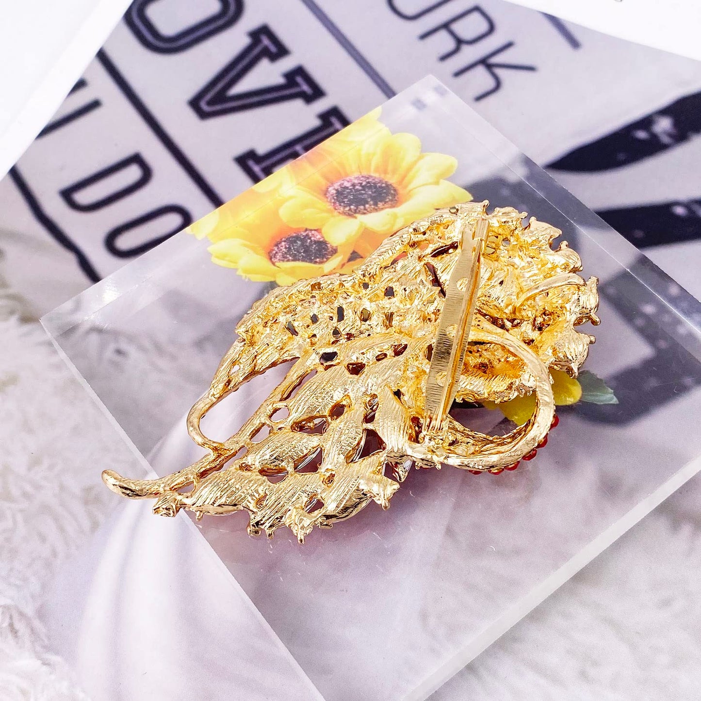 LAXPICOL Women's Vintage Red Austrian Crystal Elegant Flower Bouquet Wing Brooch Gold Tone