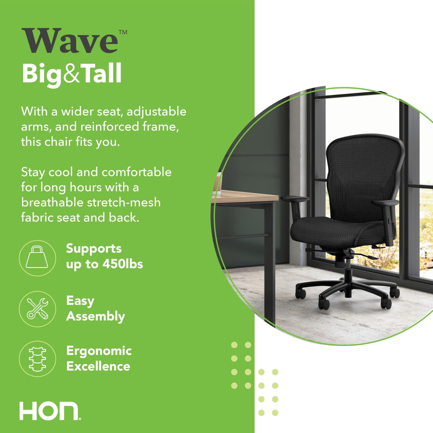 HON Wave Big and Tall Ergonomic Mesh Office Chair with Adjustable Arms and Lumbar Support, Heavy‑Duty Tilt Recline and Swivel Wheels, Desk and Computer Chair for Home Office, 450 lb. Capacity, Black