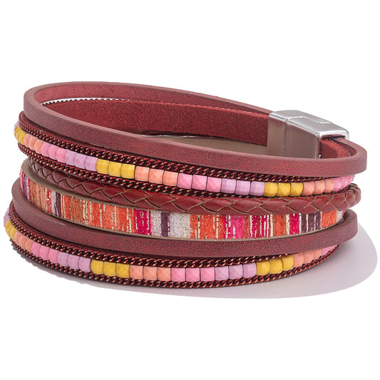 FANCY SHINY Boho Leather Wrap Bracelets Trendy Layered Bracelets with Magnetic Clasp Strackable Bohemian Cuff Jewelry Gifts for Women(Burgundy)