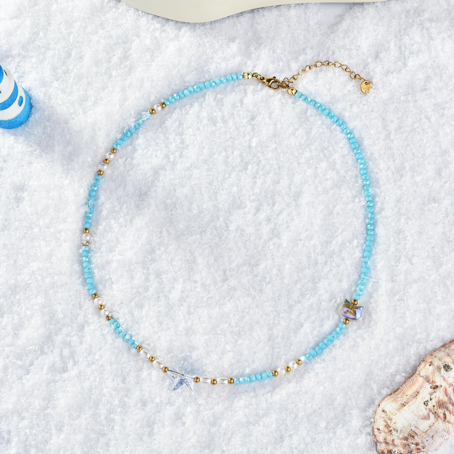 Blue Starfish Pearl Necklace Beach Jewelry For Women 2025 Summer Fashion Bohemian Style Vacation Necklace (Blue)