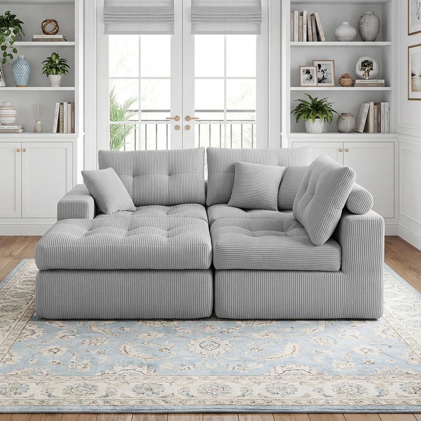 113-Inch L-Shaped Modular Corner Cloud Sofa Corduroy Tufted Foam Sectional with Deep Seat, 4 Pieces Compressed Boneless Sofa Couch with Movable Ottoman & 4 Toss Pillows