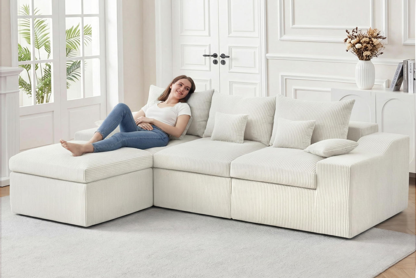 HABUTWAY 104" L Shaped Cloud Sectional Couch, Boneless Modular Sectional Sofa with Deep Seat, Corduroy Couches for Living Room, Modular Couch, No Assembly Required (Beige)