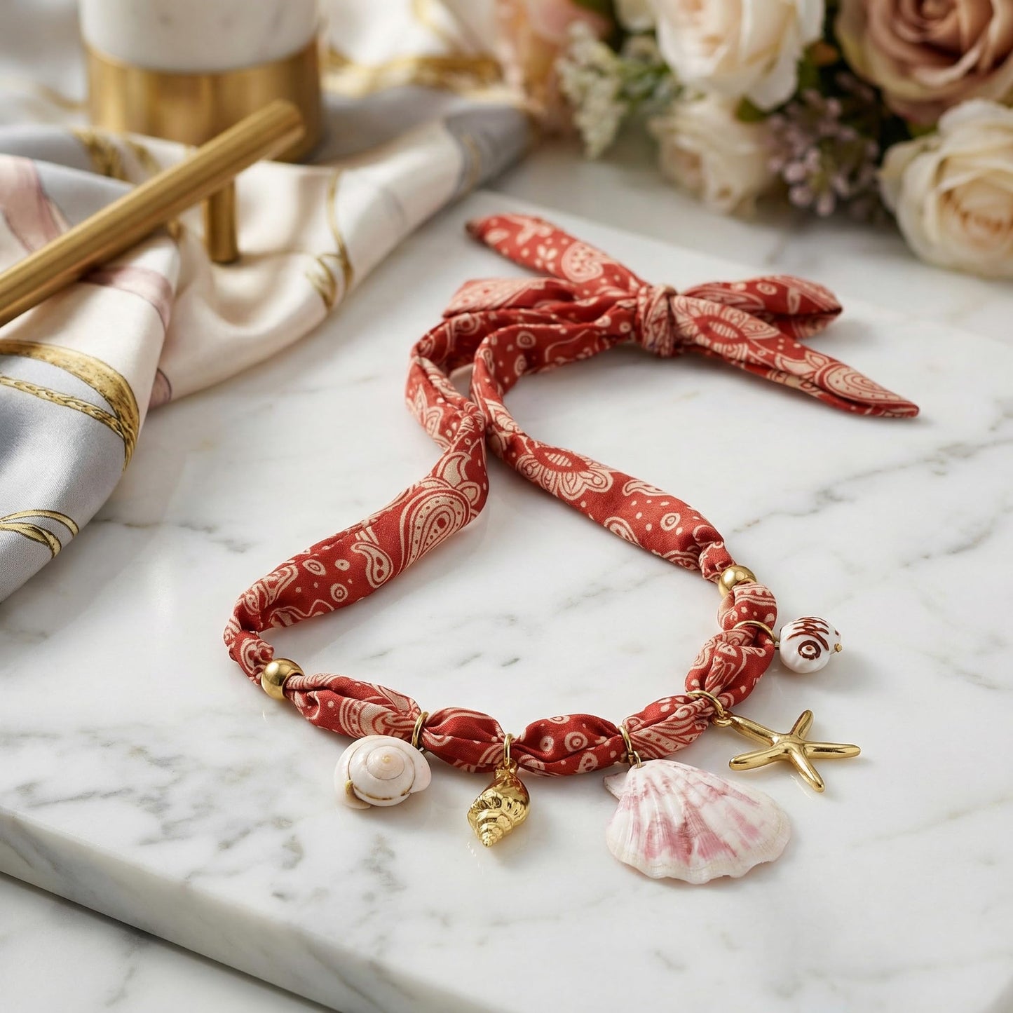 CLASSYZINT Pink Scarf Necklace with Shell Pendant Starfish Pendant Fish Charm Layered Necklace Boho Beach Jewelry Coastal Necklace for Women