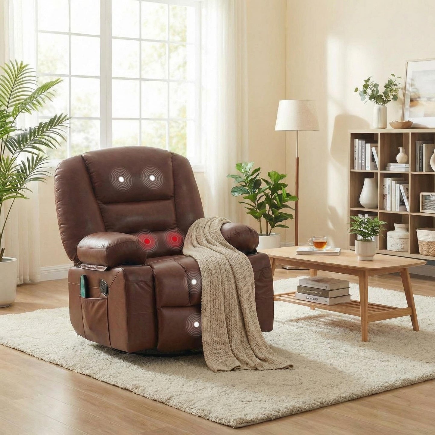 Oversized Wide Recliner Chair-Heat and Vibration Massage, PU Leather Manual Recliner for Adults, 360° Swivel Rocker Chair with Cup Holders & Side Pocket,Lazy Boy Chair for Living Room, Bedroom,Brown