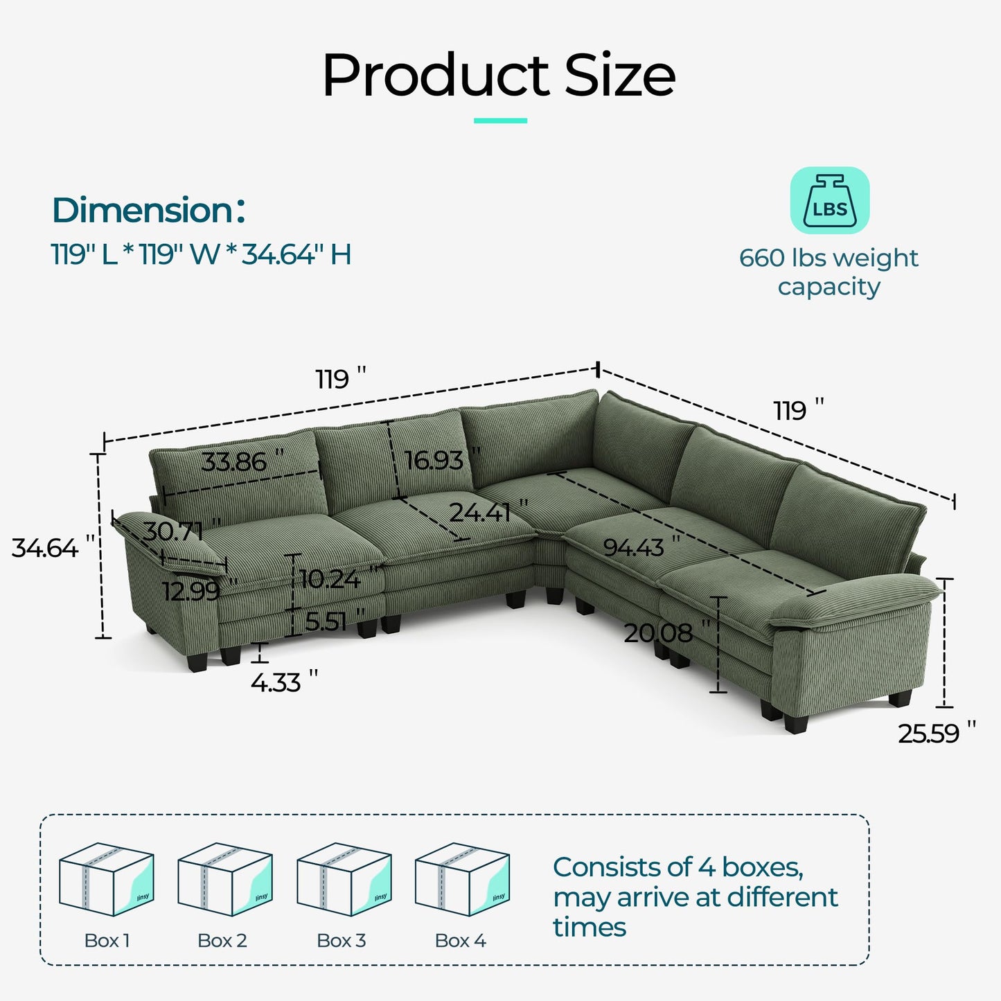 LINSY HOME Modular Sectional Sofa Couch Corduroy Cloud Couches for Living Room, V-Shaped Cloud Couch Sectional Sofas for Bedroom and Apartment, Green