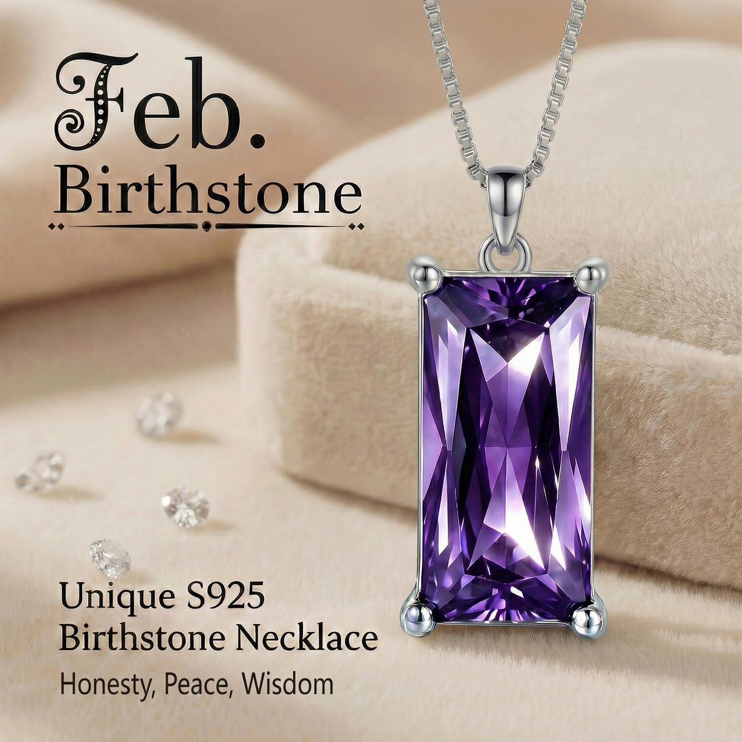 Kuschelkatze 8mm x 16mm Square February Birthstone Amethyst Pendant Necklace – Fashion charming Sterling Silver Gift for women