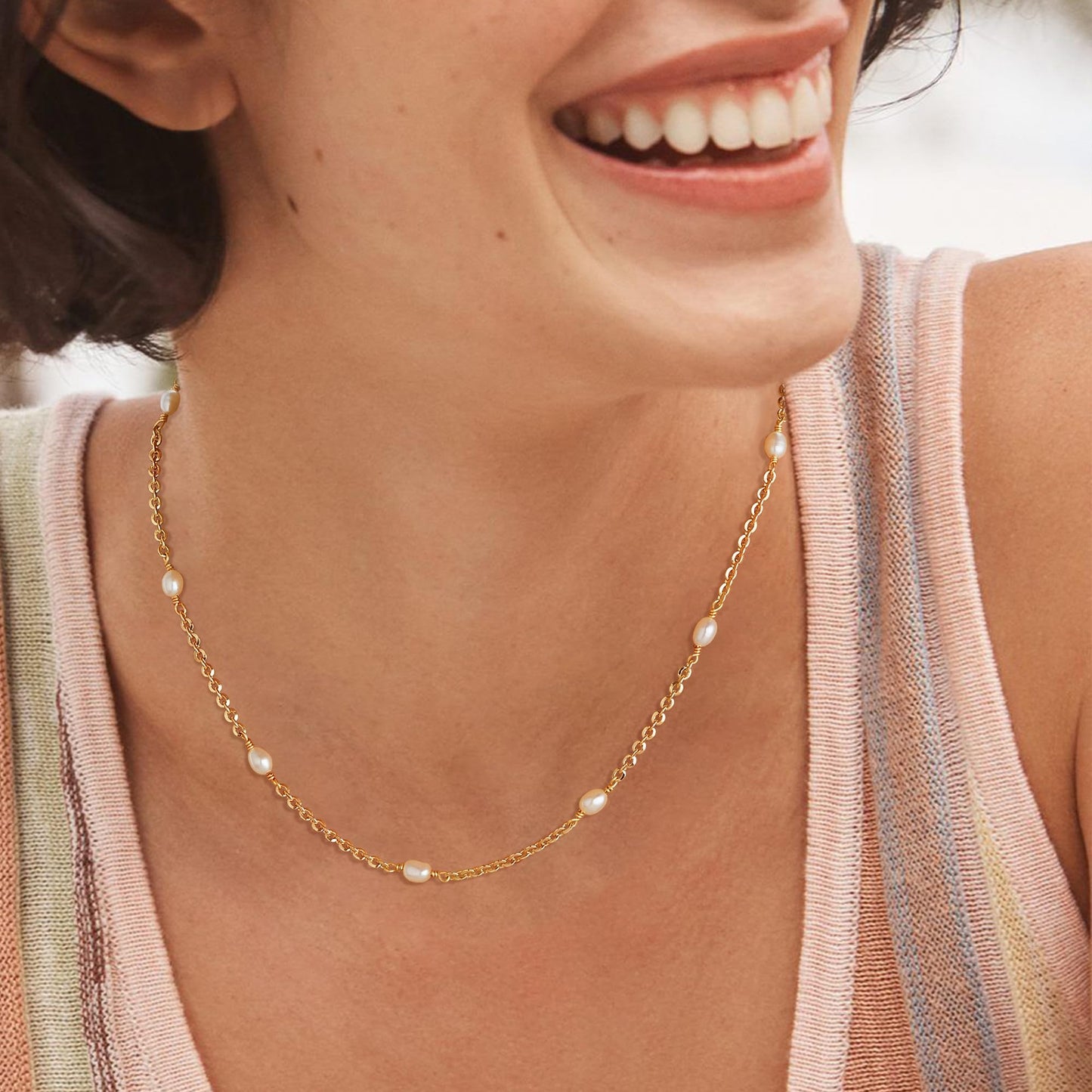 MTMY Beaded Necklaces for Women 14K Gold Plated Dainty Colorful Green/Rose Beaded Pearl Choker Necklace Delicate Boho Choker Necklace Jewelry Gift (Oval pearl)
