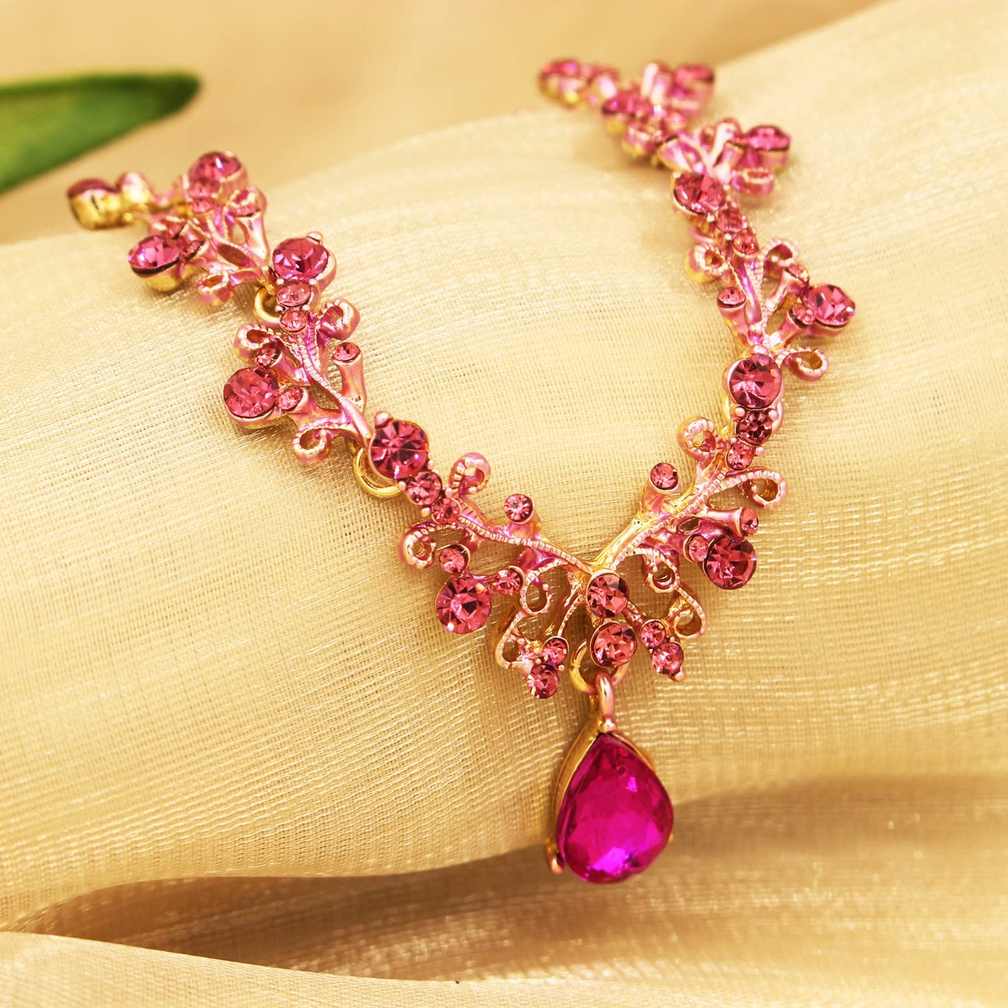 3Pcs Austrian Crystal Jewelry Set for Women, Necklace Dangle Earrings Link Bracelet Jewelry Set with Gold/Platinum/Gun Plated, Wedding Party Jewelry for Bridal Bridesmaid (Rose Red-Gold Plated)