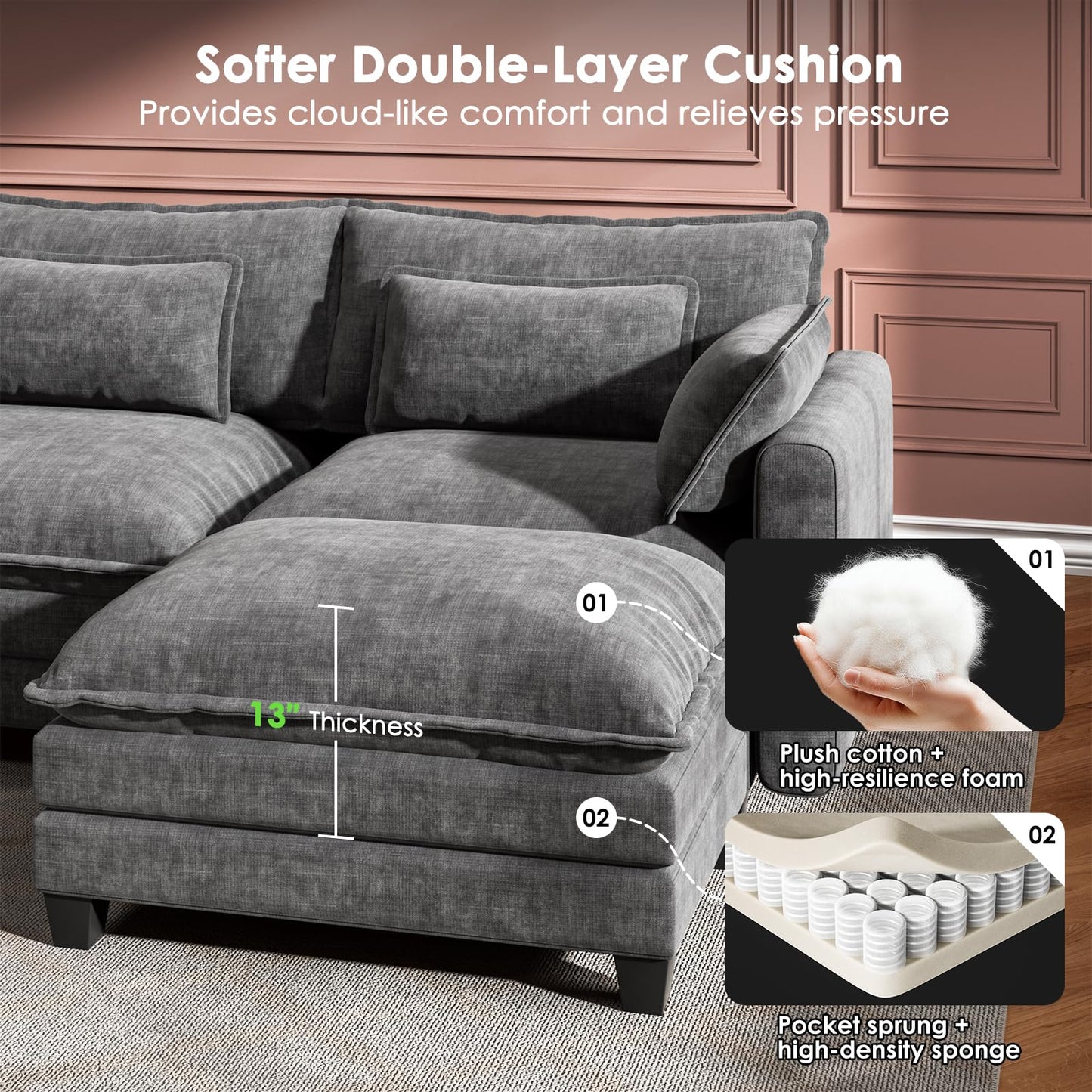 Marsail Modular Sectional Sofa 110.6" U-Shaped Modern Comfy Cloud Couch, 5-Seat Chenille Deep Seat Sofa with Throw Pillow & Movable Ottoman for Living Room, Bedroom and Apartment, Slate Gray