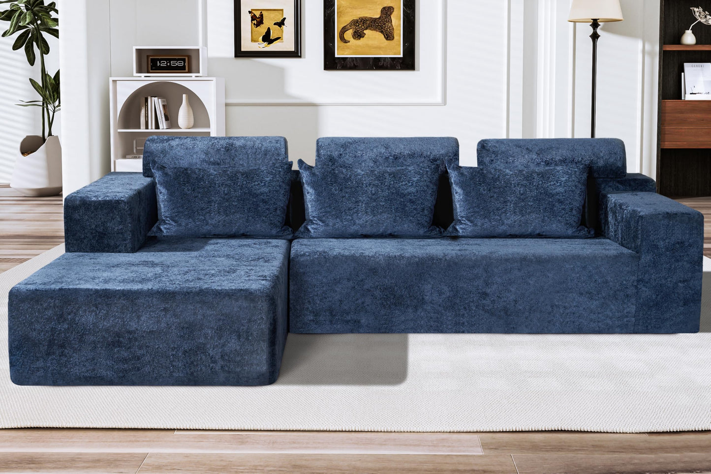 HABUTWAY 105" L-Shape Modular Sectional Sofa Couch for Living Room,No Assembly Required,Modular Comfy Sofa with Deep Seat for Living Room Bedroom,Luxury Distressed Velvet(Left,Blue)