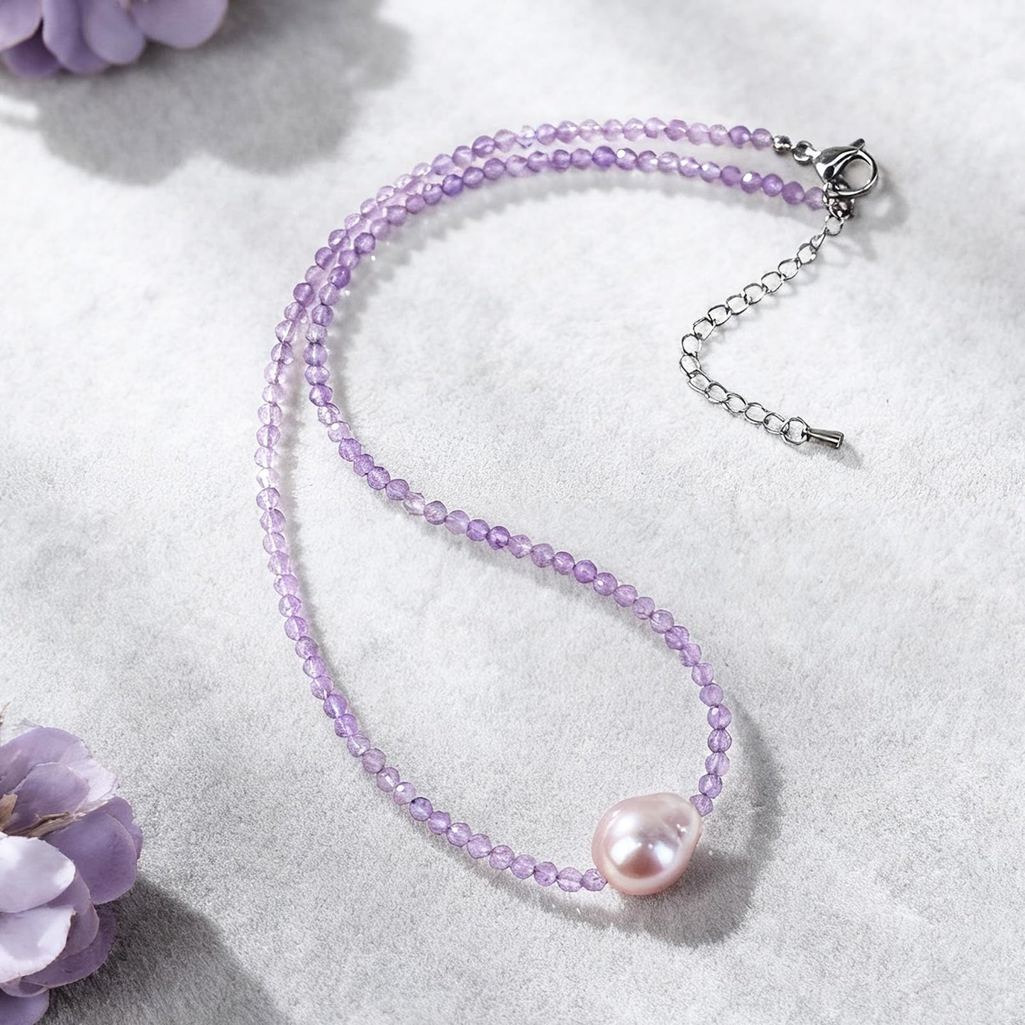 GEMTAL Single Pearl Pendant Necklaces for Women, Natural Gemstone Women Amethyst Beaded Choker Necklace, Dainty Freshwater Pearl Handmade Jewelry Gift Birthday Valentines Day Anniversary(Amethyst, 16")
