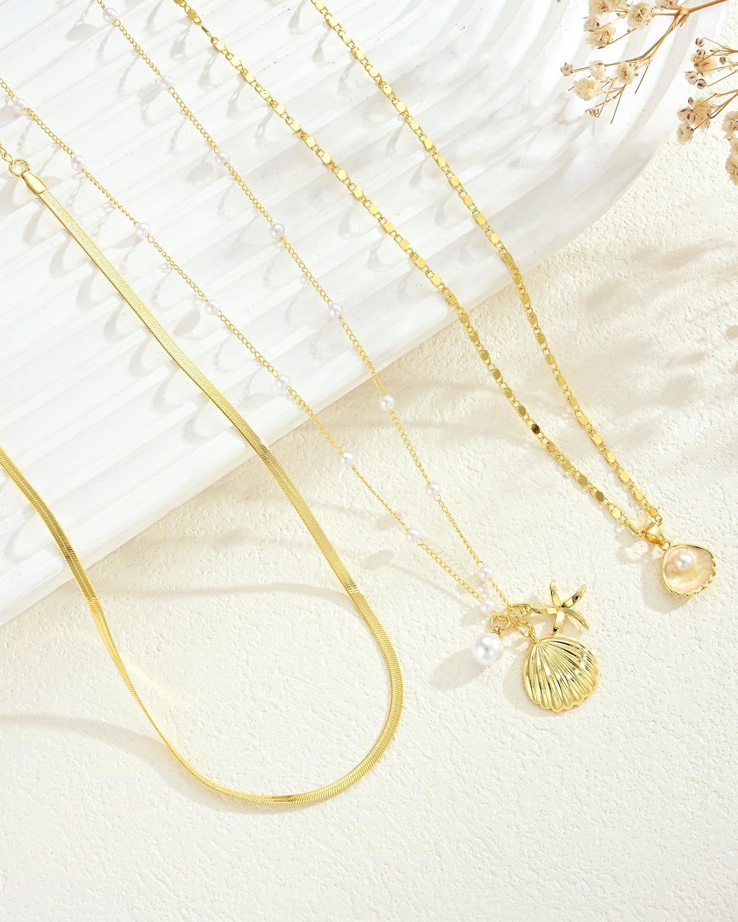 iF YOU Gold Necklace for Women, Layered Gold Seashell Necklace Set, Beach Themed Charm Necklace with Starfish and Flower Pendants, Dainty Gold Jewelry for Women (GOLD-01)