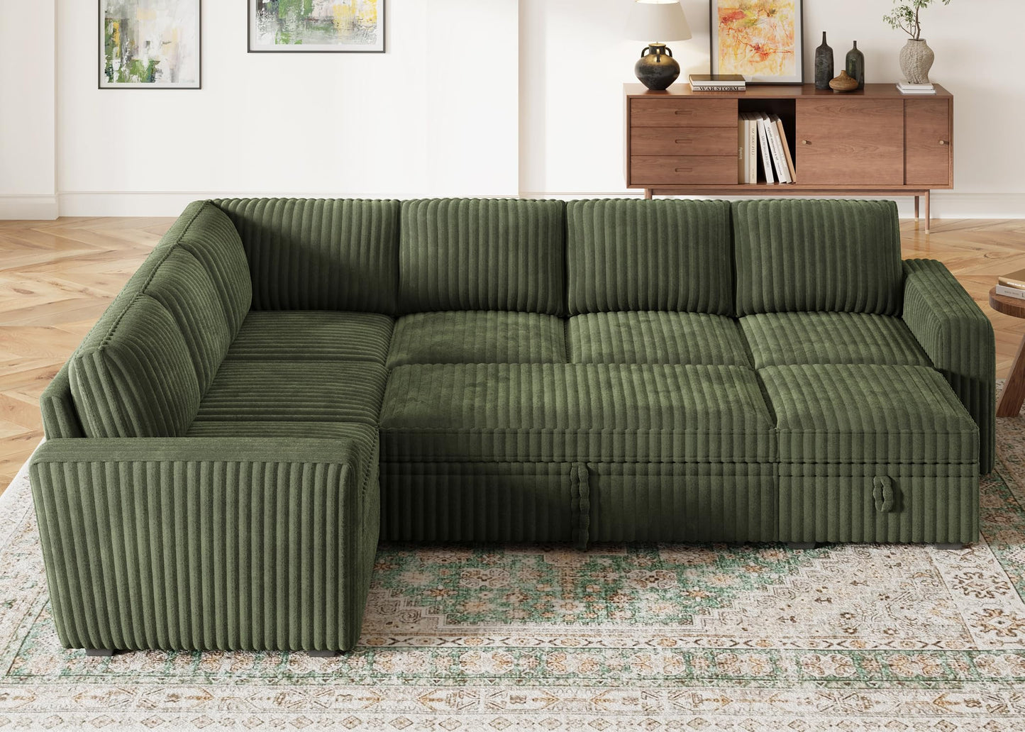 HONBAY Modular Sectional Sleeper Sofa with Pull Out Bed,Corduroy U Shaped Couch with Storage, Sectional Couches for Living Room,Green