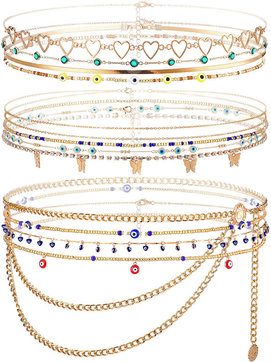 12 Pcs Waist Beads Body Jewelry Beach Bikini Belly Beads Waist Chains for Women Adjustable Belly Necklace Stomach Jewelry Chain Women's Body Chains(Classic Style)