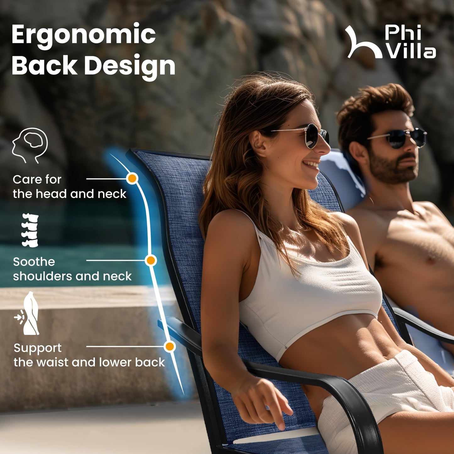 PHI VILLA 5 Piece Outdoor Patio Dining Set with 4 Padded Swivel Dining Chairs & 1 Large Round Dining Table, All Weather Blue Chair and Metal Table for Deck Lawn Garden