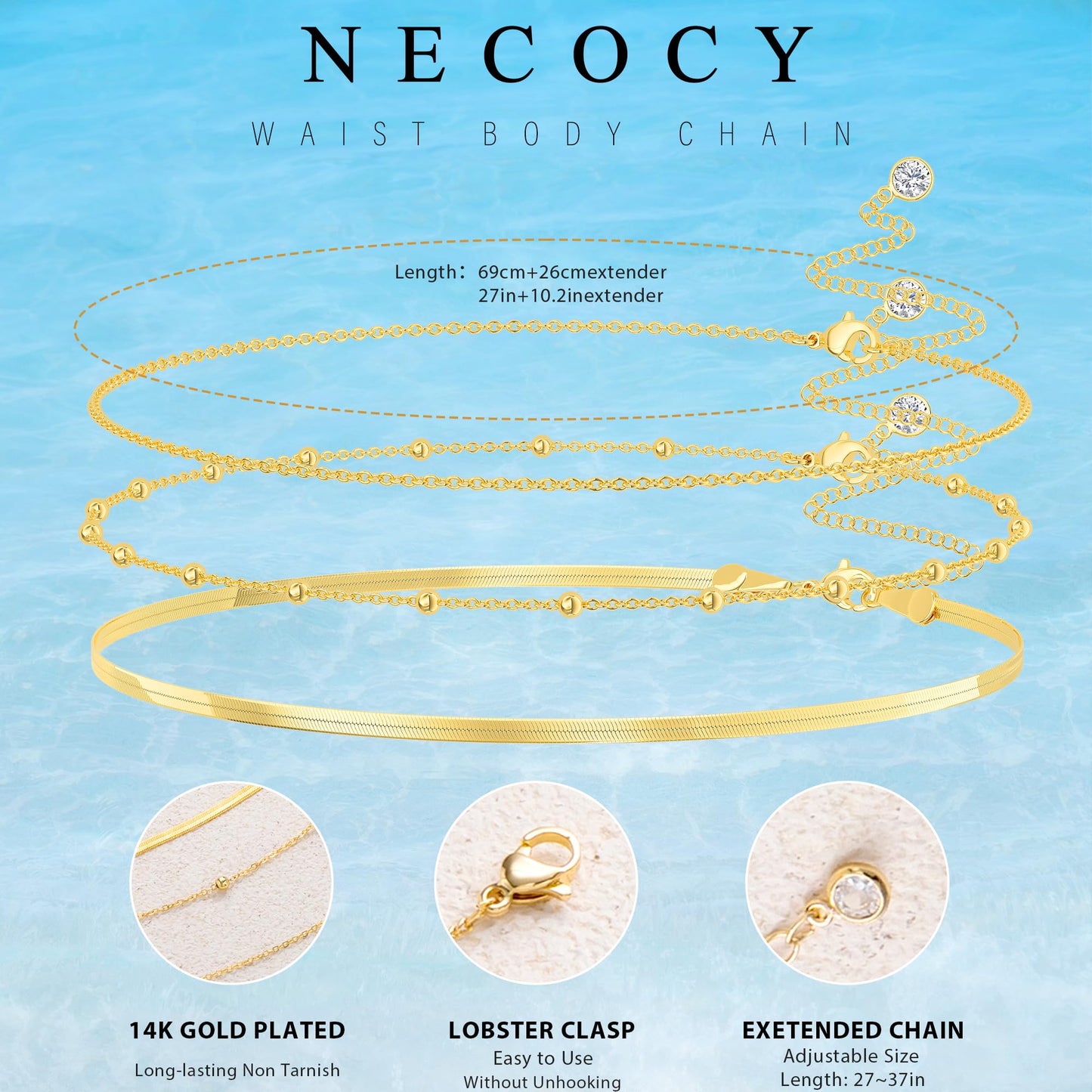 NECOCY 3PCS Layered Waist Belly Body Chain for Women Trendy, 14K Gold Plated Snake Beaded Body Chain Belt Waterproof Adjustable Fashion Summer Beach Body Jewelry Accessories for Women Vacation Prom