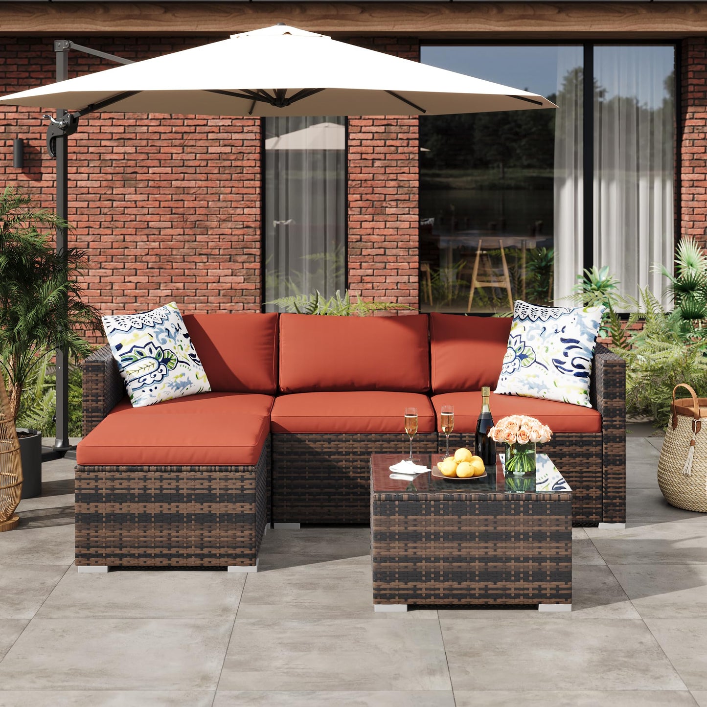 MilleLoom 5-Piece Outdoor Sectional Sofa Set, All-Weather PE Rattan Patio Furniture with Ottoman & Tempered Glass Table, Convertible Garden Couch for Backyard, Porch, Poolside (Brown/Wine Red)