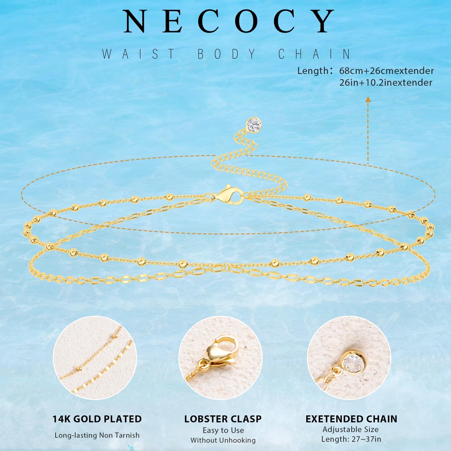 NECOCY Layered Waist Belly Body Chain for Women Trendy, 14K Gold Plated Beaded Body Chain Belt Waterproof Adjustable Fashion Summer Beach Lips Body Jewelry Accessories for Women Vacation Party