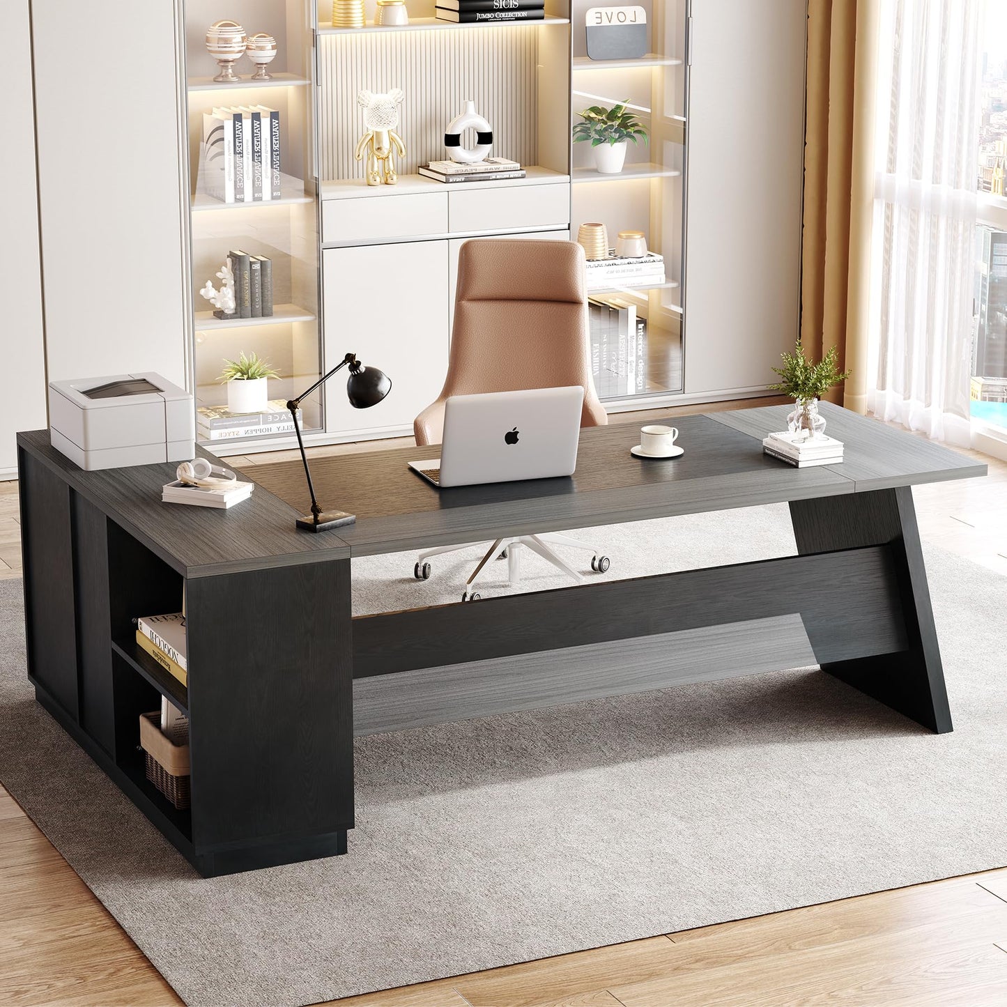 LITTLE TREE 78-Inch Executive Office Desk with File Cabinet, Large Modern Corner Office Desk for Home Office, 3-Drawer Wood File Cabinet, Spacious Workstation for Home Office (Grey & Black)